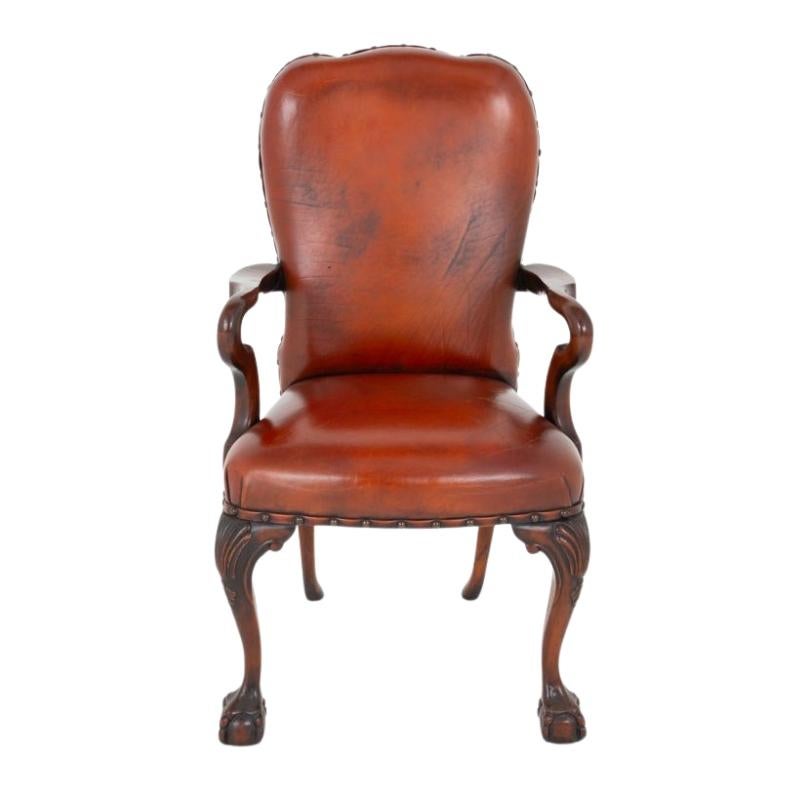 Chippendale Schreibtischstuhl Mahagoni Leder Armlehne Sitz (Frühes 20. Jahrhundert) im Angebot