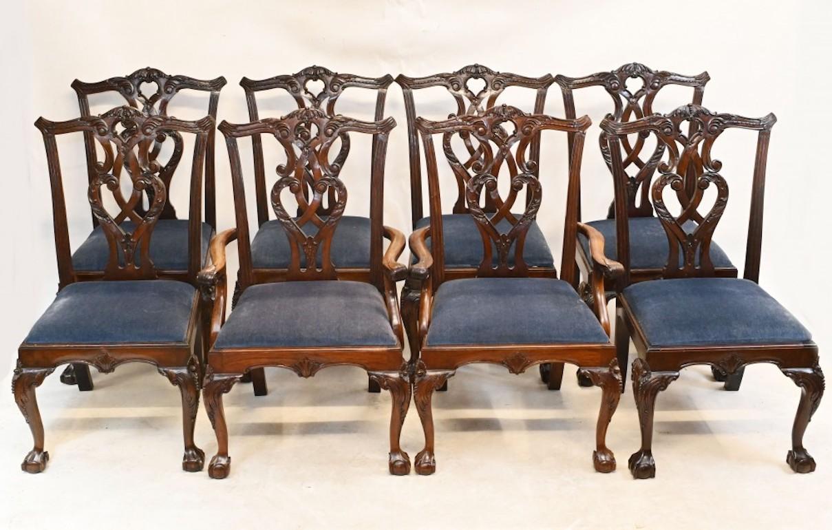 Gorgeous set of English Chippendale style dining chairs
Set of 8 consists of two arm chairs and six side chairs
What more can be said about the Chippendale chair, an English design classic?
We date this set to circa 1920
True to Chippendale these