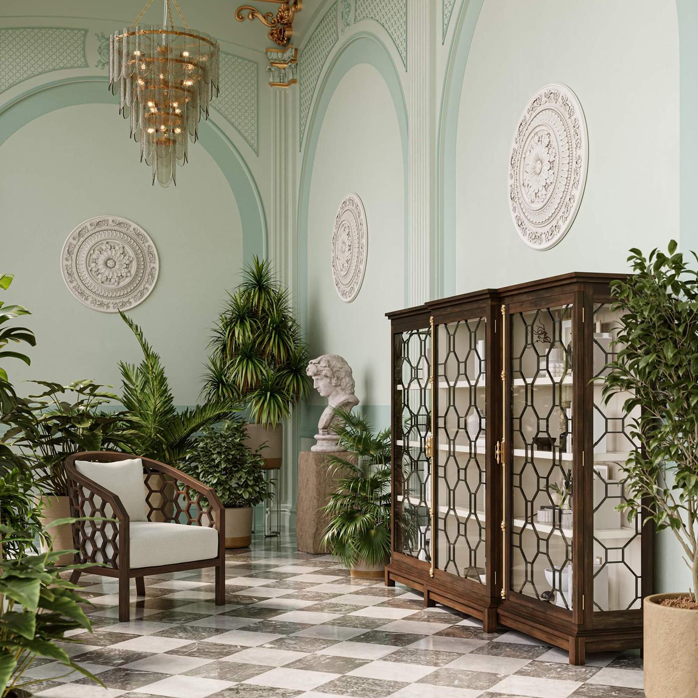  Constructed from solid mahogany and finished in a deep walnut stain, this grand cabinet features glass doors with intricate geometric trellis patterns, inspired by traditional Chippendale fretwork. The interior is painted in a soft, neutral tone to