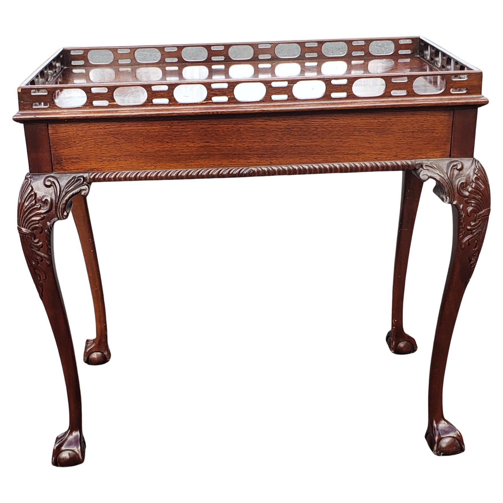 American Chippendale Flame Mahogany Ball & Claw Tea Table with Pierced Gallery For Sale