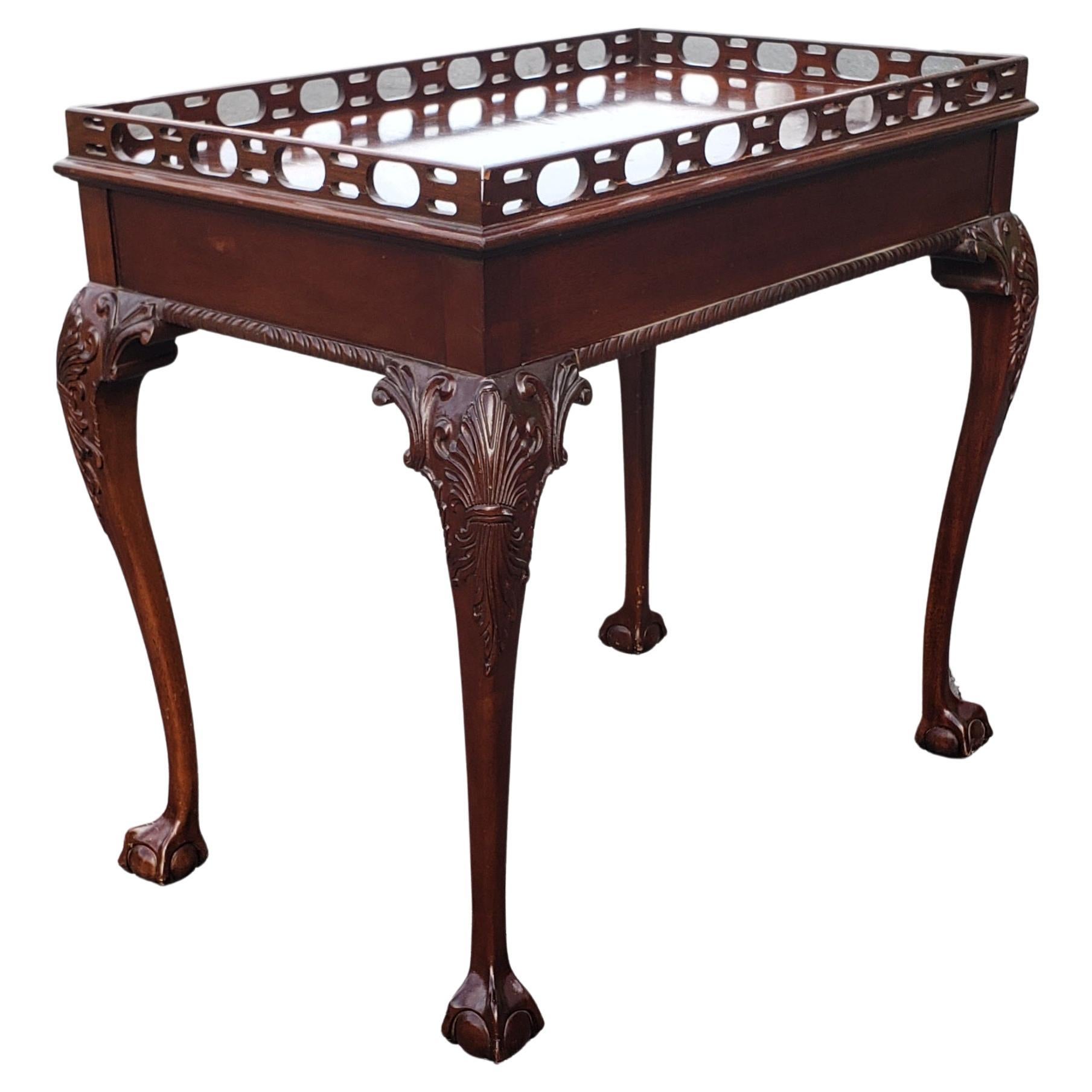 20th Century Chippendale Flame Mahogany Ball & Claw Tea Table with Pierced Gallery For Sale