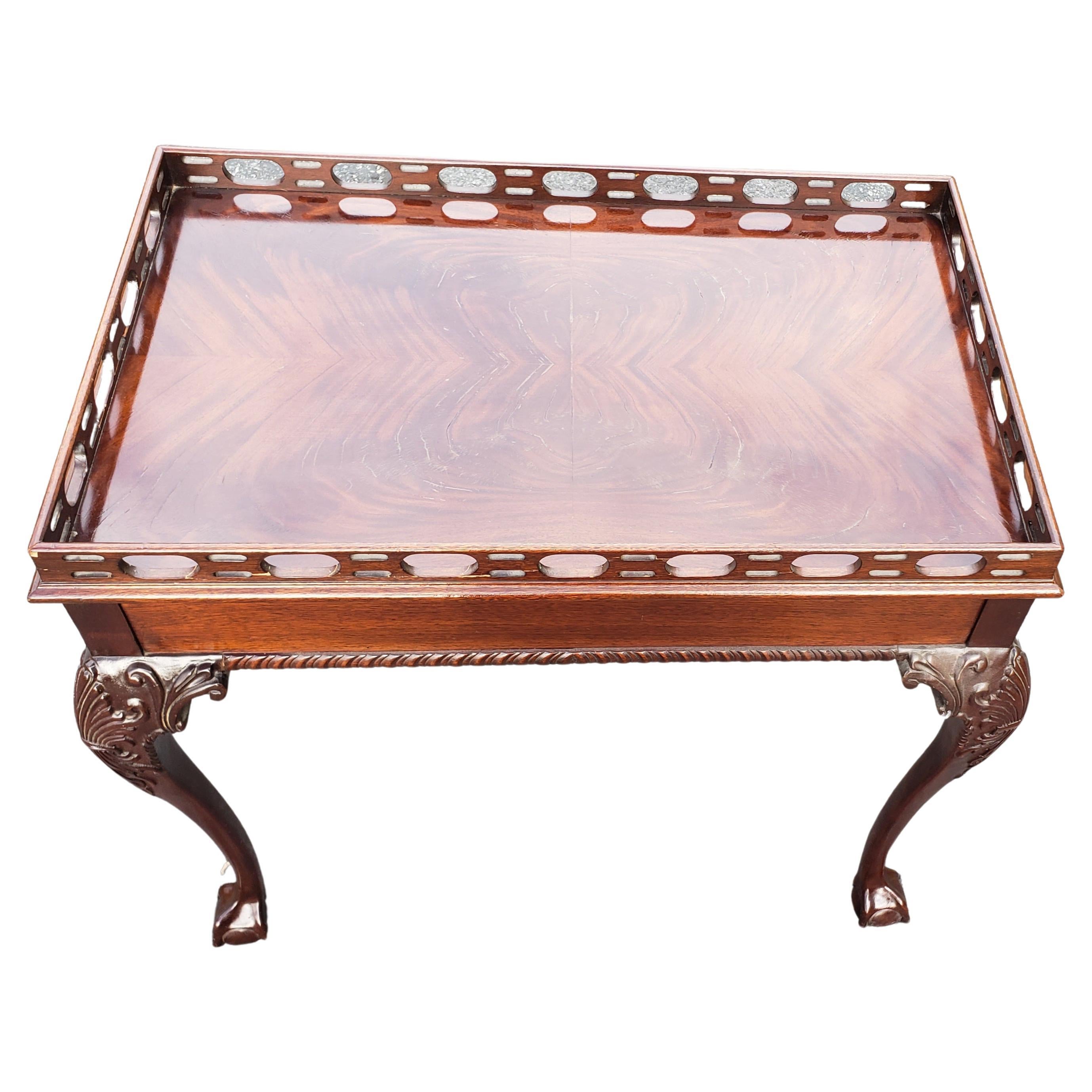 Hardwood Chippendale Flame Mahogany Ball & Claw Tea Table with Pierced Gallery For Sale