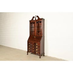 Chippendale Flame Mahogany Drop Front Secretary Desk With Lighted Bookcase Hutch