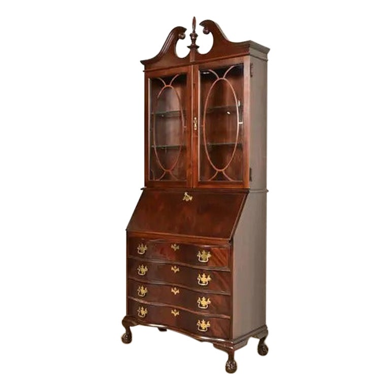 Chippendale Flame Mahogany Drop Front Secretary Desk With Lighted Bookcase Hutch