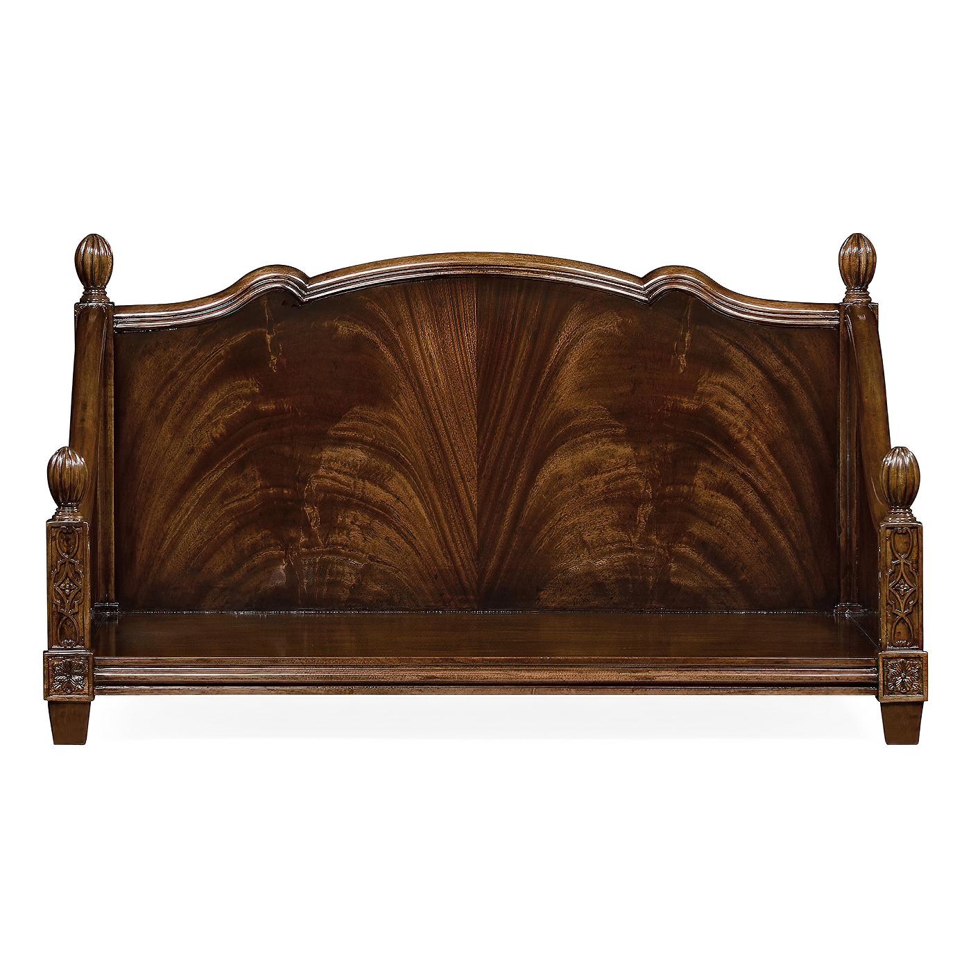 A crotch mahogany dog bed with blind fret carving to the uprights and turned finials, molded edges.
A shit Zhu's delight!

Dimensions: 28