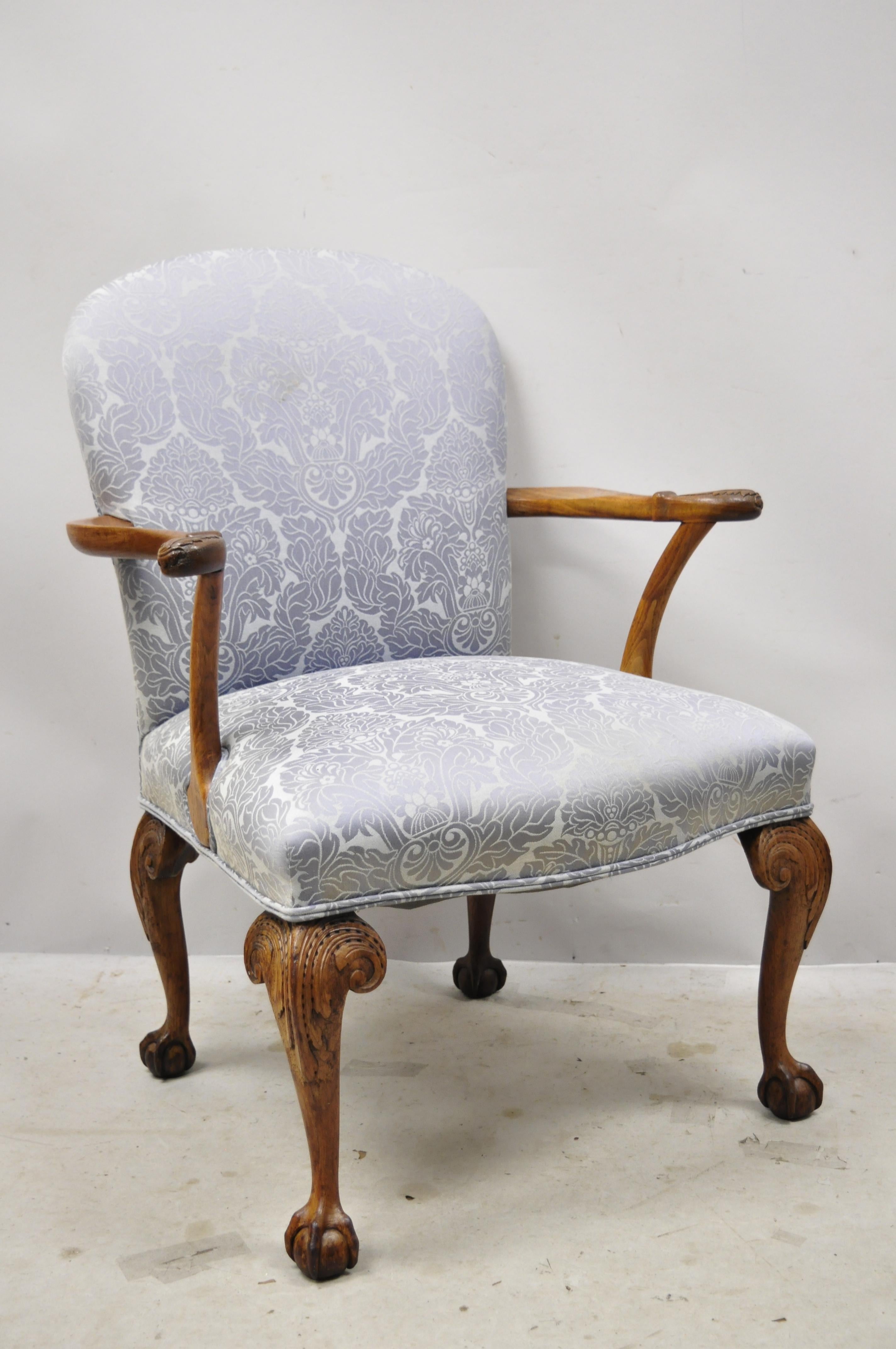 Chippendale Georgian Style Ball & Claw Carved Mahogany Blue Upholstery Arm Chair For Sale 3