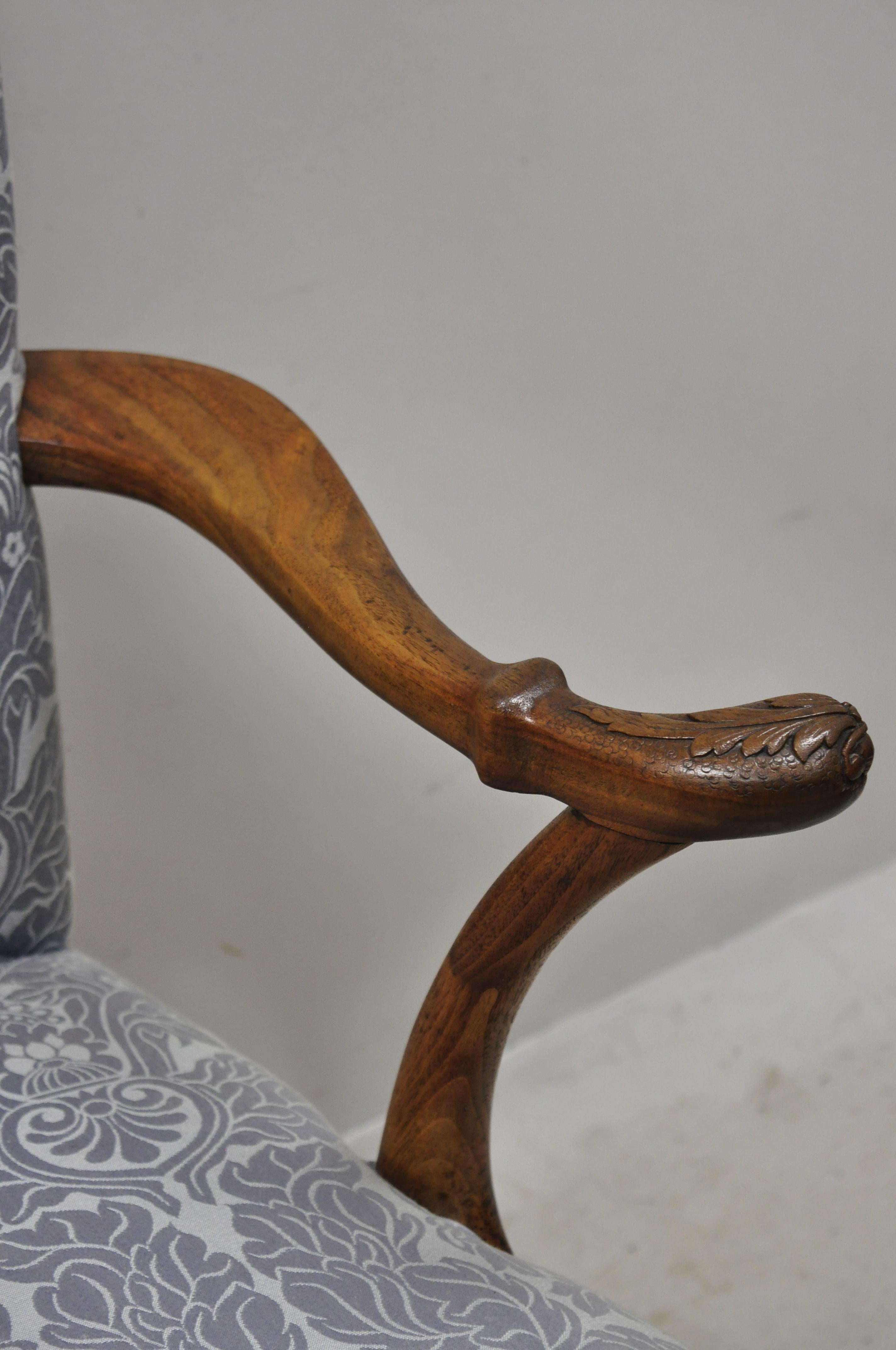 North American Chippendale Georgian Style Ball & Claw Carved Mahogany Blue Upholstery Arm Chair For Sale