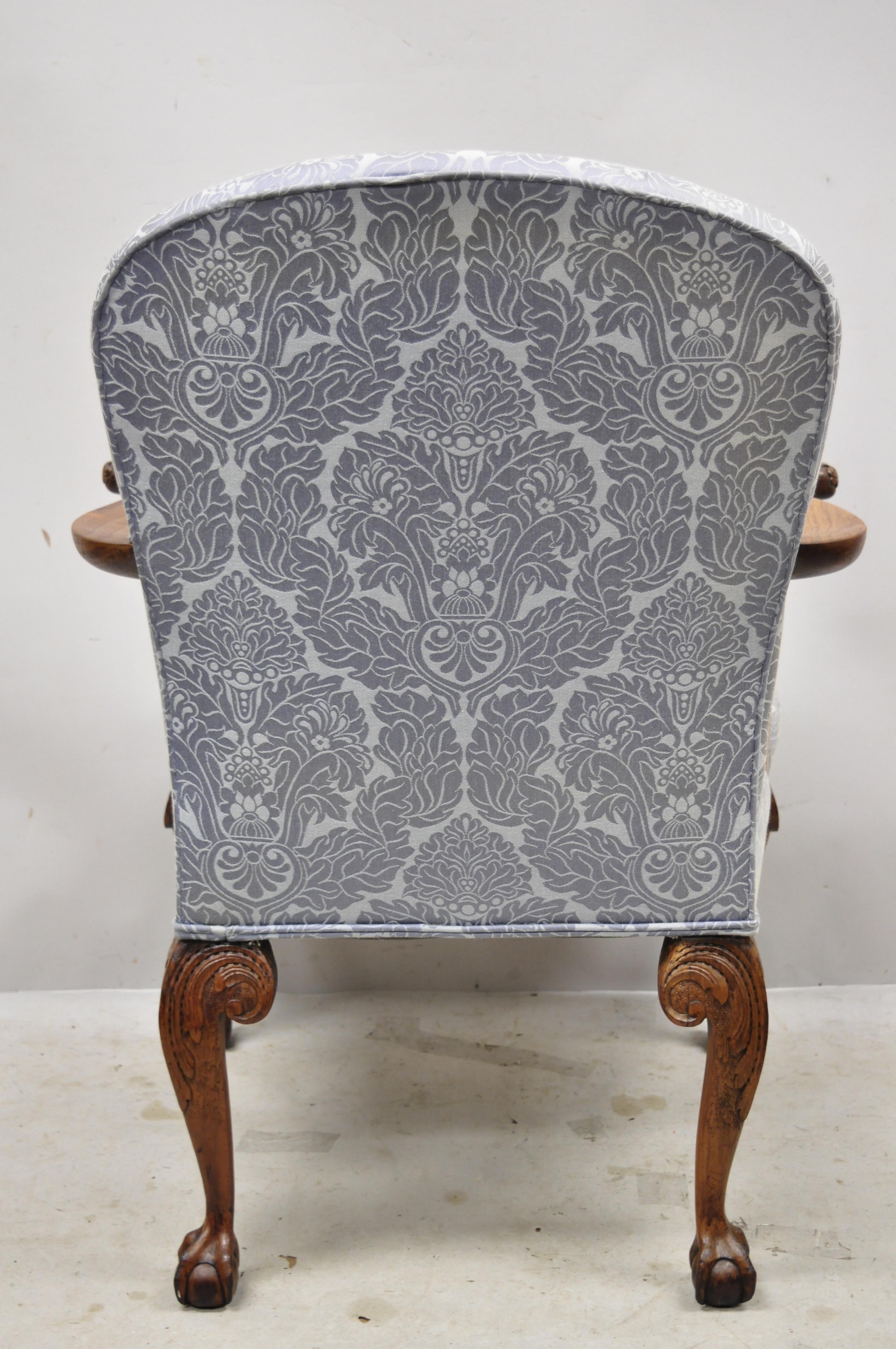 Fabric Chippendale Georgian Style Ball & Claw Carved Mahogany Blue Upholstery Arm Chair For Sale