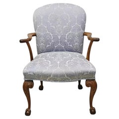 Chippendale Georgian Style Ball & Claw Carved Mahogany Blue Upholstery Arm Chair