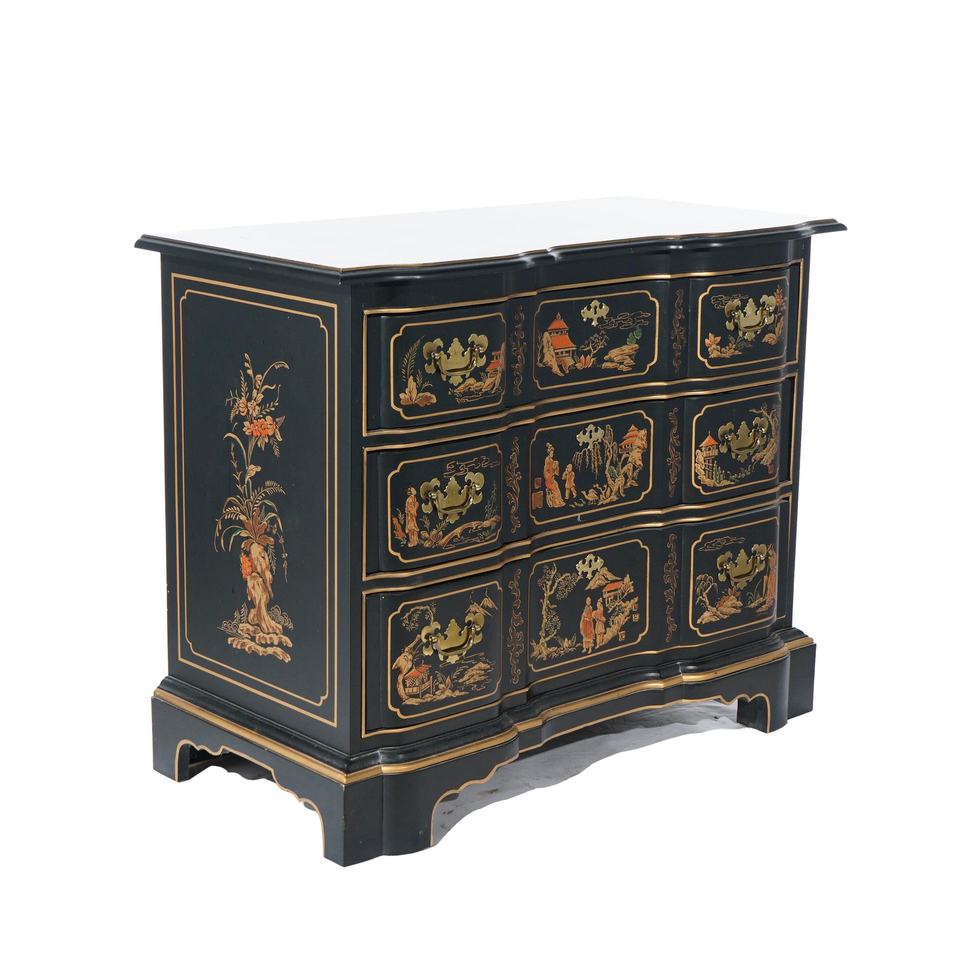 A chest of drawers by Habersham offers ebonized wood construction in Chippendale block front form with Chinoiserie decoration and gilt highlights throughout, three long drawers , and raised on bracket feet, maker label as photographed, 20th