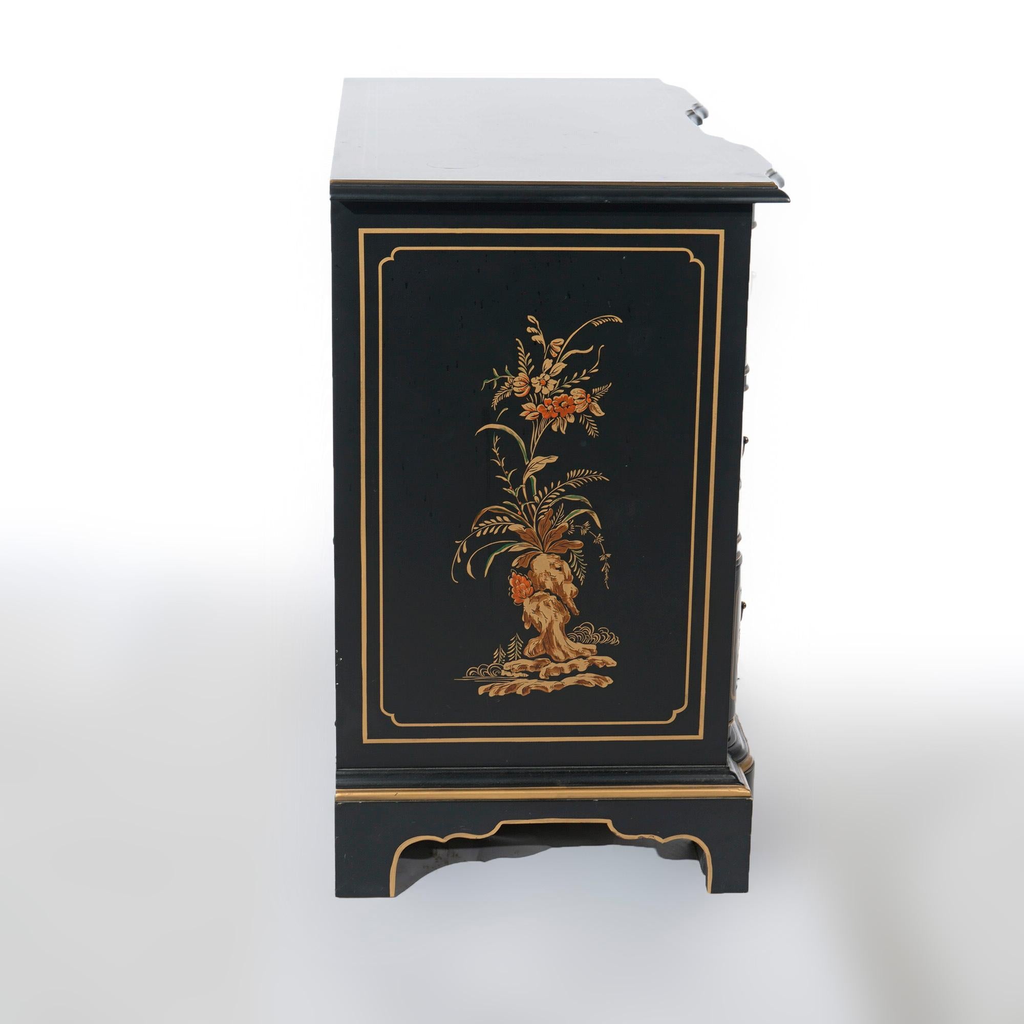 Ebonized Chippendale Habersham Chinoiserie Decorated Ebonaized Block Front Chest 20th C