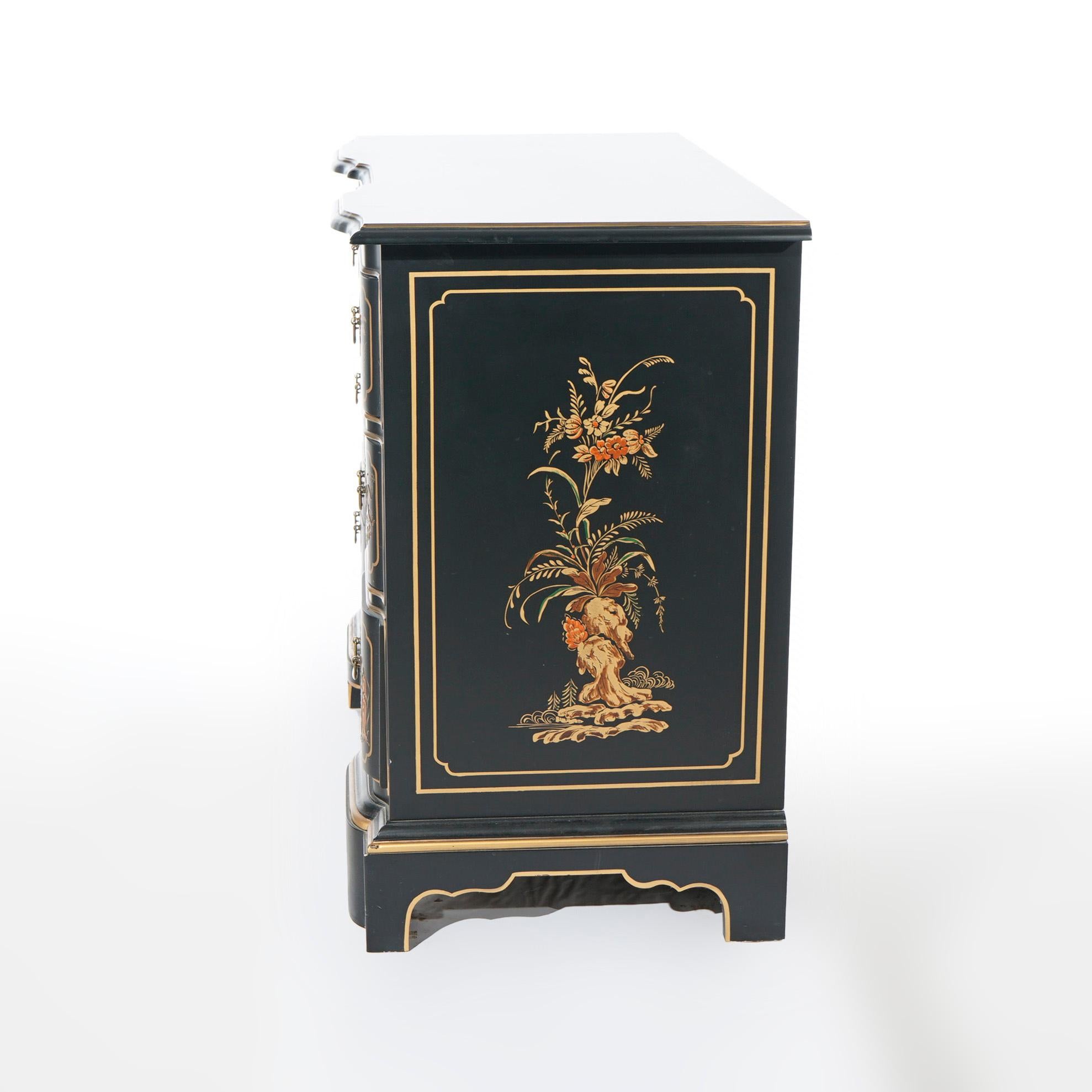 Chippendale Habersham Chinoiserie Decorated Ebonaized Block Front Chest 20th C In Good Condition In Big Flats, NY