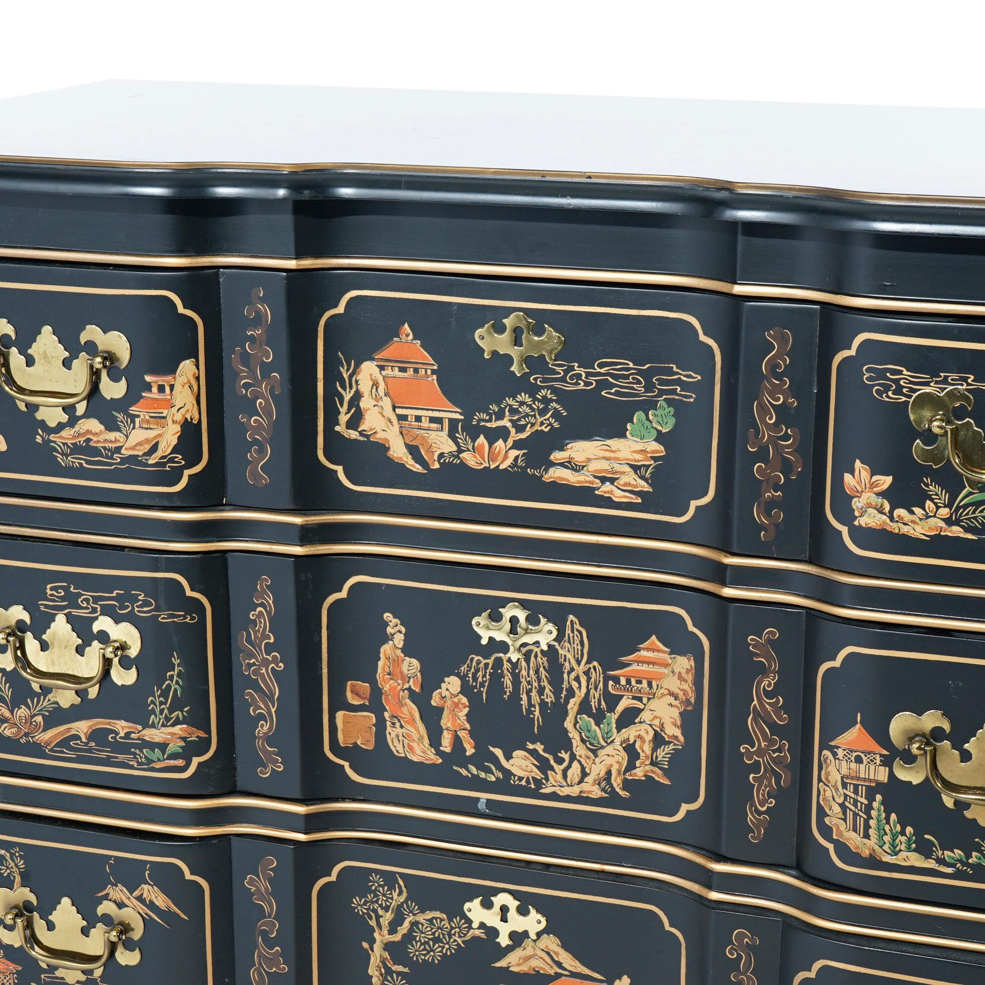 20th Century Chippendale Habersham Chinoiserie Decorated Ebonaized Block Front Chest 20th C
