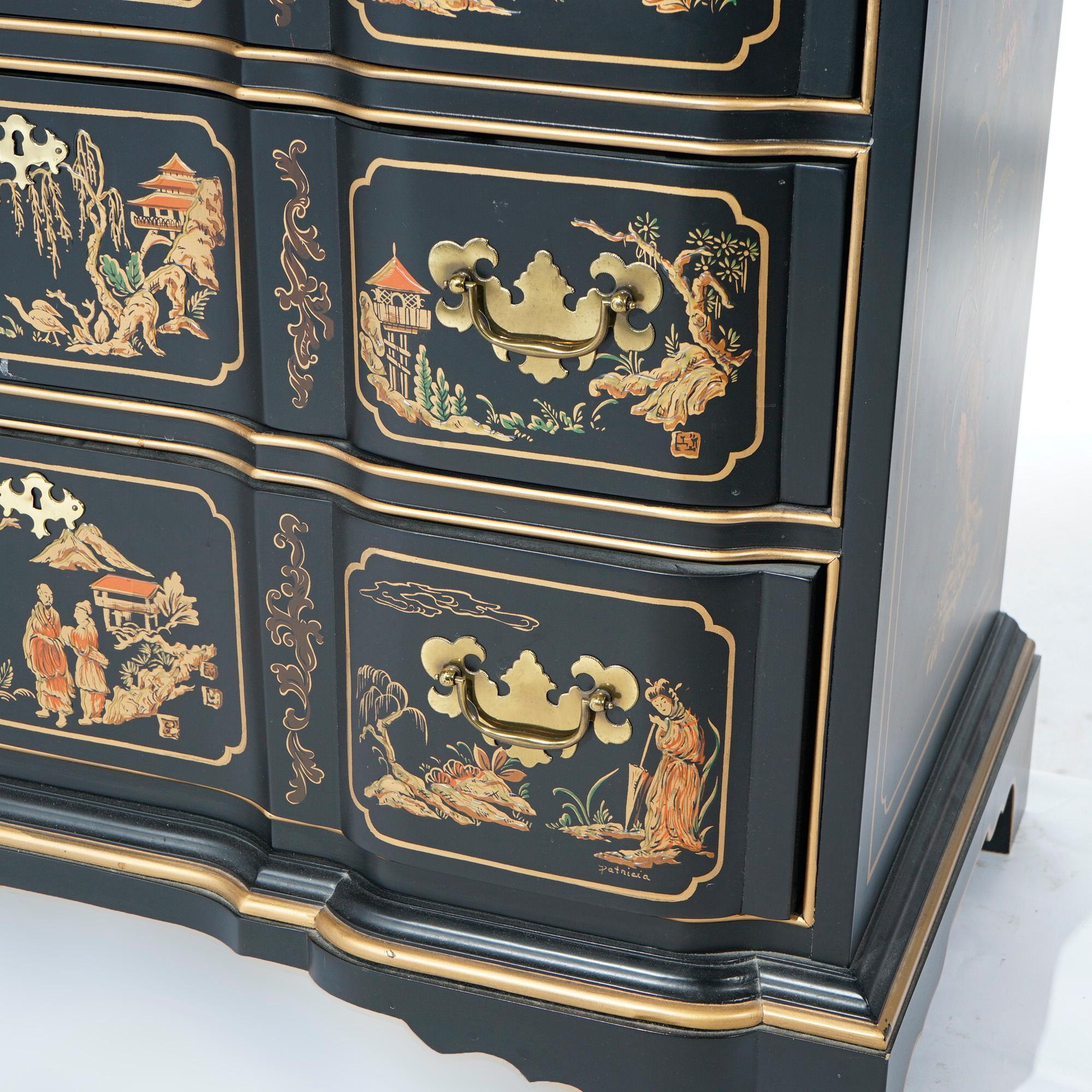 Wood Chippendale Habersham Chinoiserie Decorated Ebonaized Block Front Chest 20th C