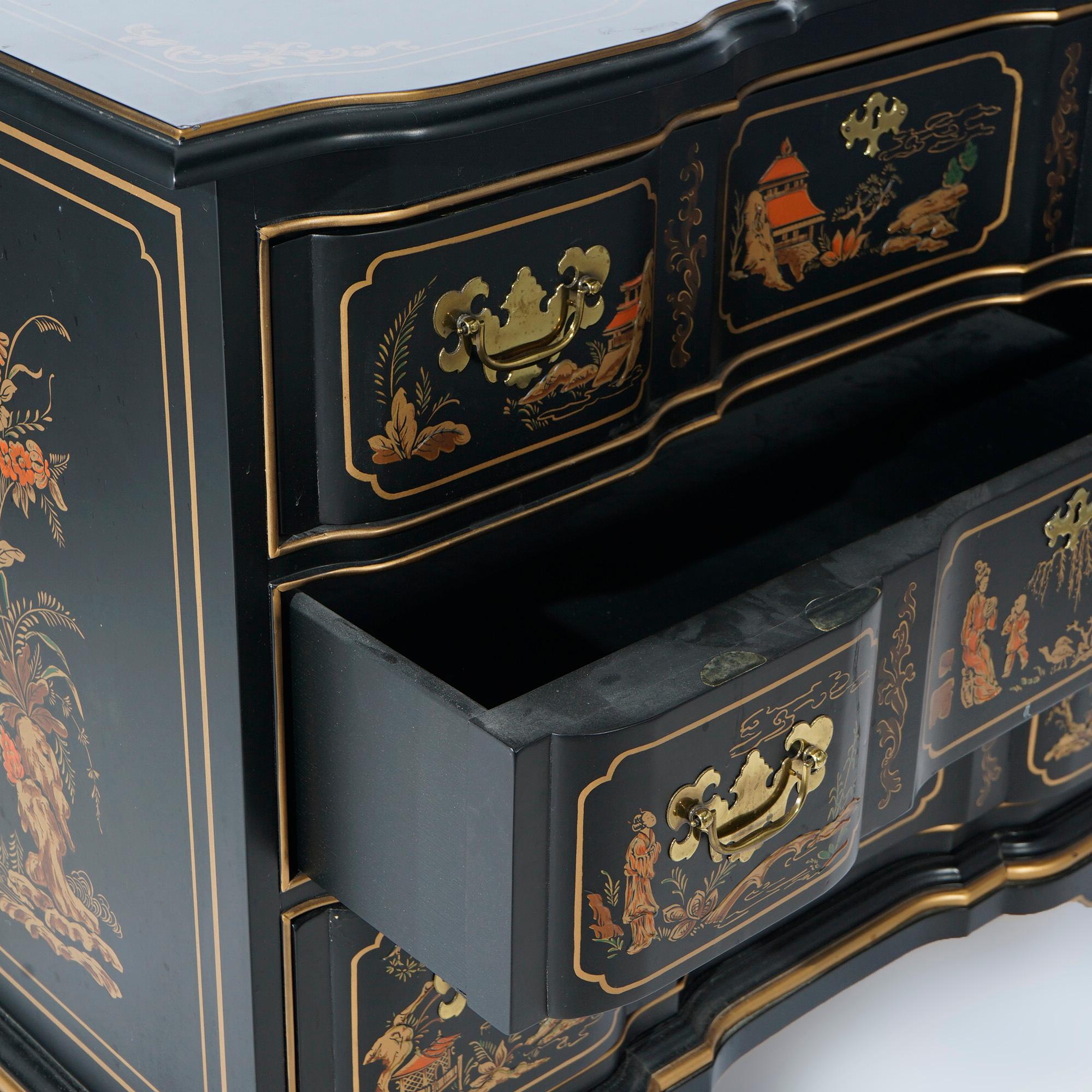 Chippendale Habersham Chinoiserie Decorated Ebonaized Block Front Chest 20th C 1