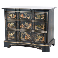 Vintage Chippendale Habersham Chinoiserie Decorated Ebonaized Block Front Chest 20th C