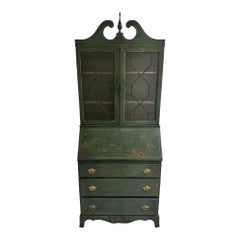 Chippendale Hand Painted Green Chinoiserie Secretary With an Antiqued Finish