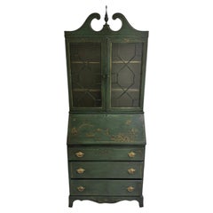 Chippendale Hand Painted Green Chinoiserie Secretary With an Antiqued Finish