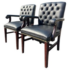 Chippendale Leatherette Vegan Tufted Arm Chairs Black With Brass Rivets a Pair
