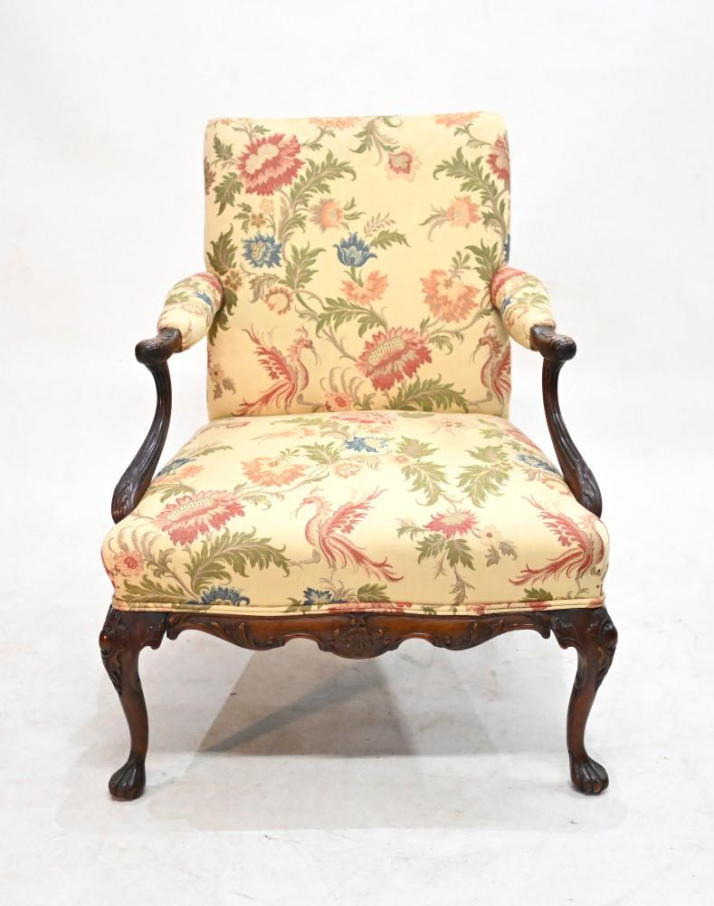 Gorgeous antique library chair in the Chippendale manner
Hand crafted from mahogany with ball and claw feet
Lovely floral print upholstery and the arms are also cushioned so very comfy
Great accent piece and we date this to circa 1890
Viewings