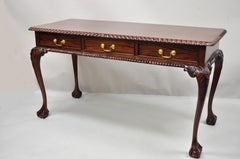 Chippendale Mahogany 3 Drawer Ball & Claw Rope Carved Console Sofa Hall Table
