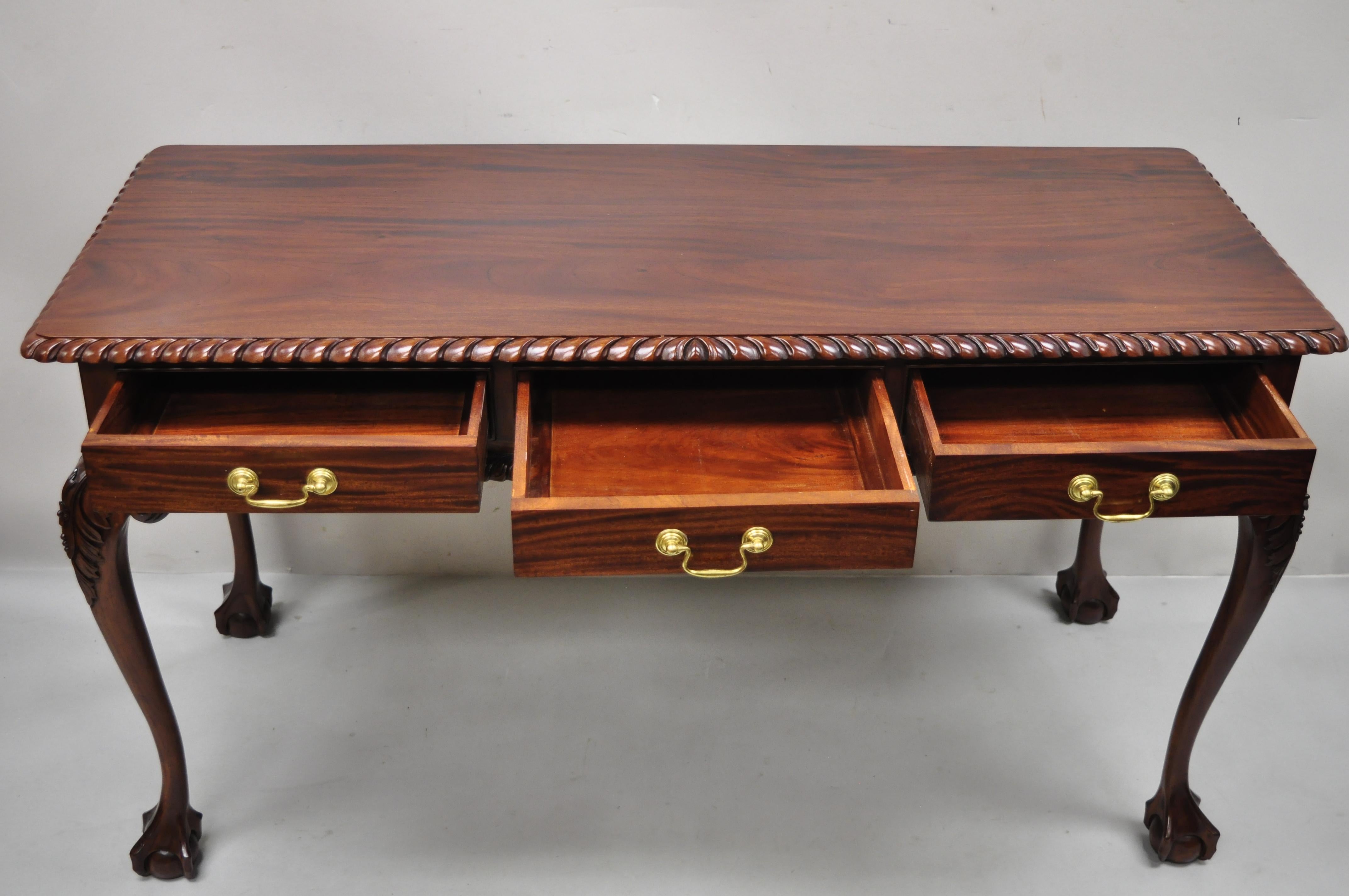 20th Century Chippendale Mahogany 3 Drawer Ball & Claw Rope Carved Console Sofa Hall Table