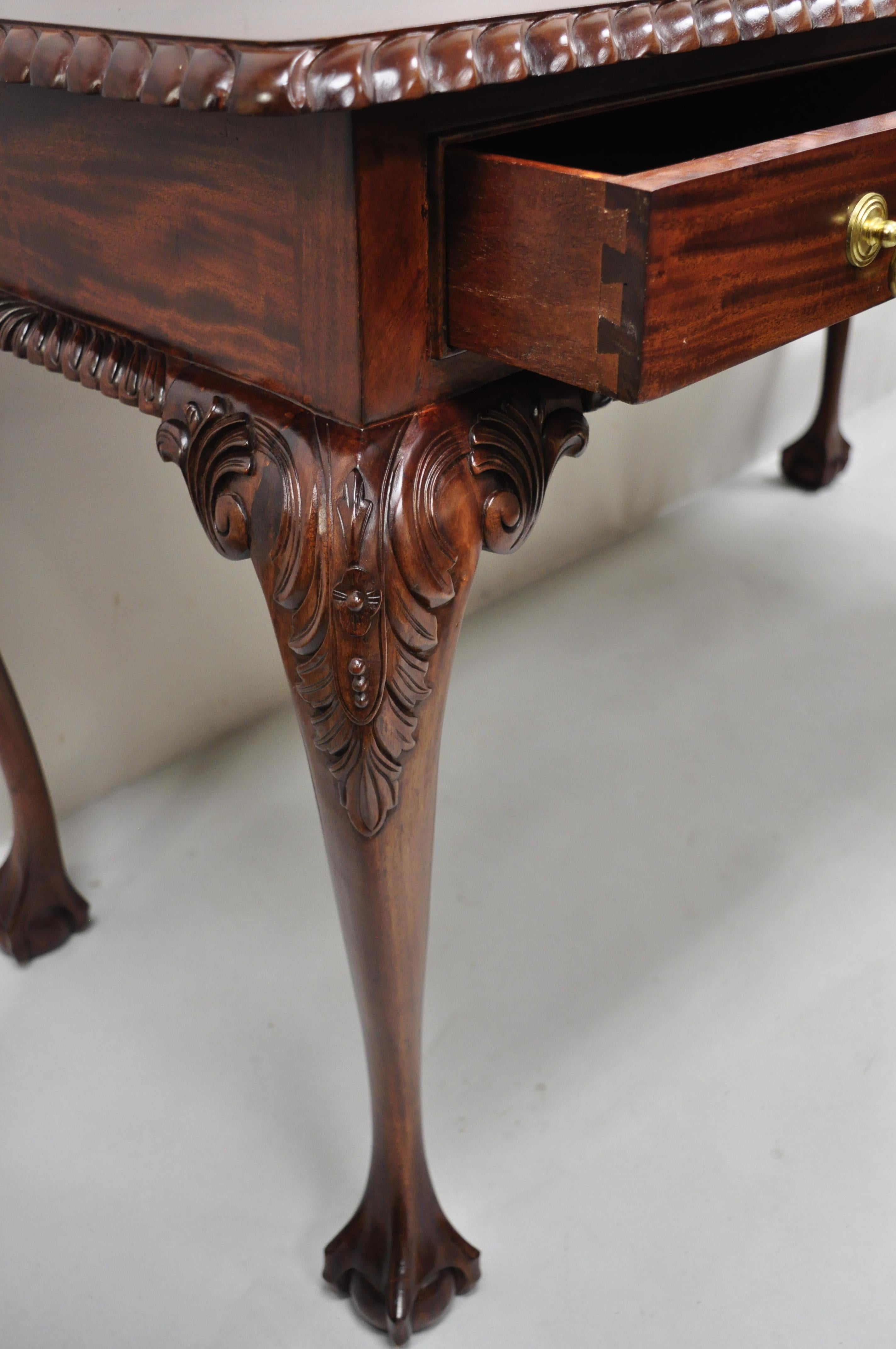 Chippendale Mahogany 3 Drawer Ball & Claw Rope Carved Console Sofa Hall Table 1