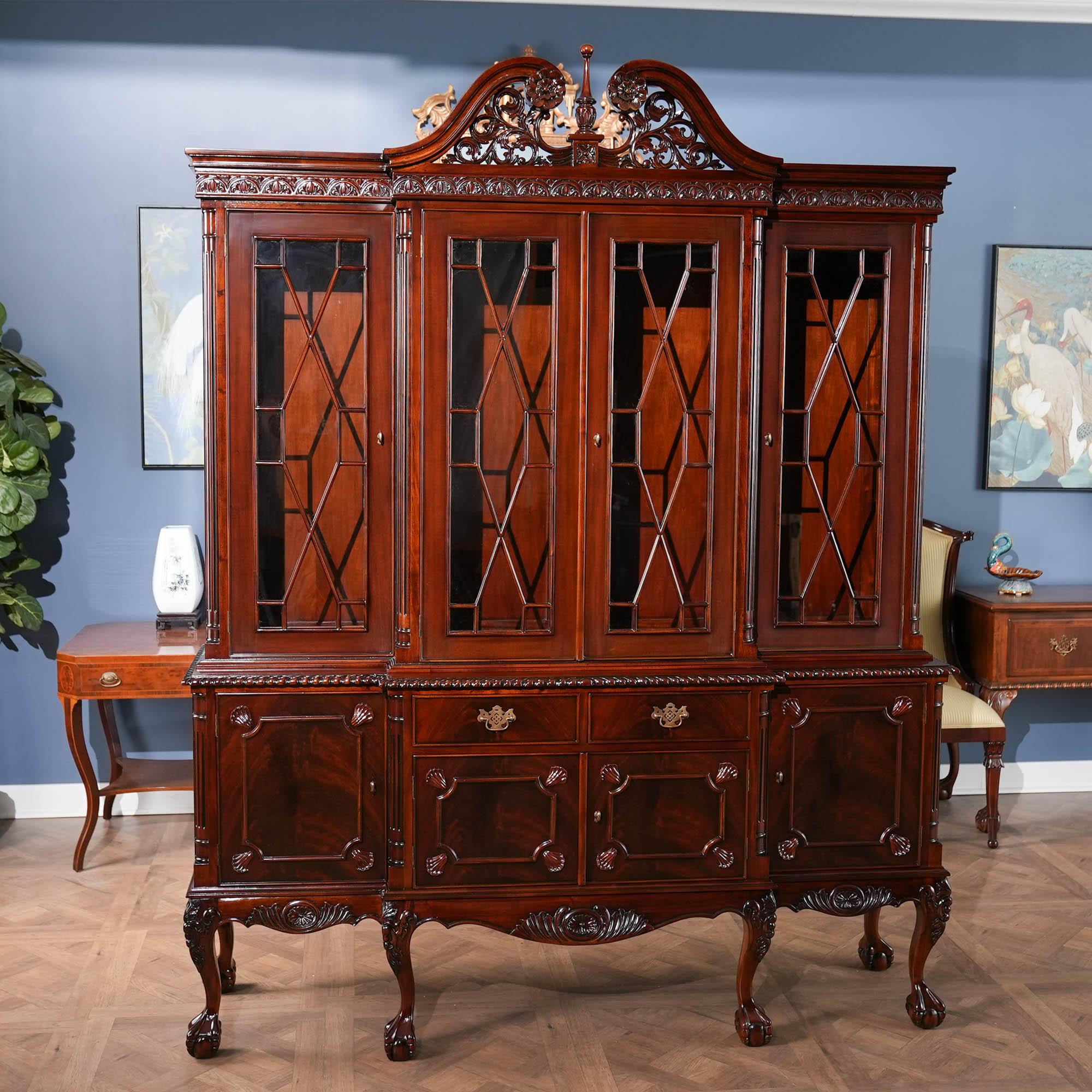 Hand-Carved Chippendale Mahogany Breakfront For Sale
