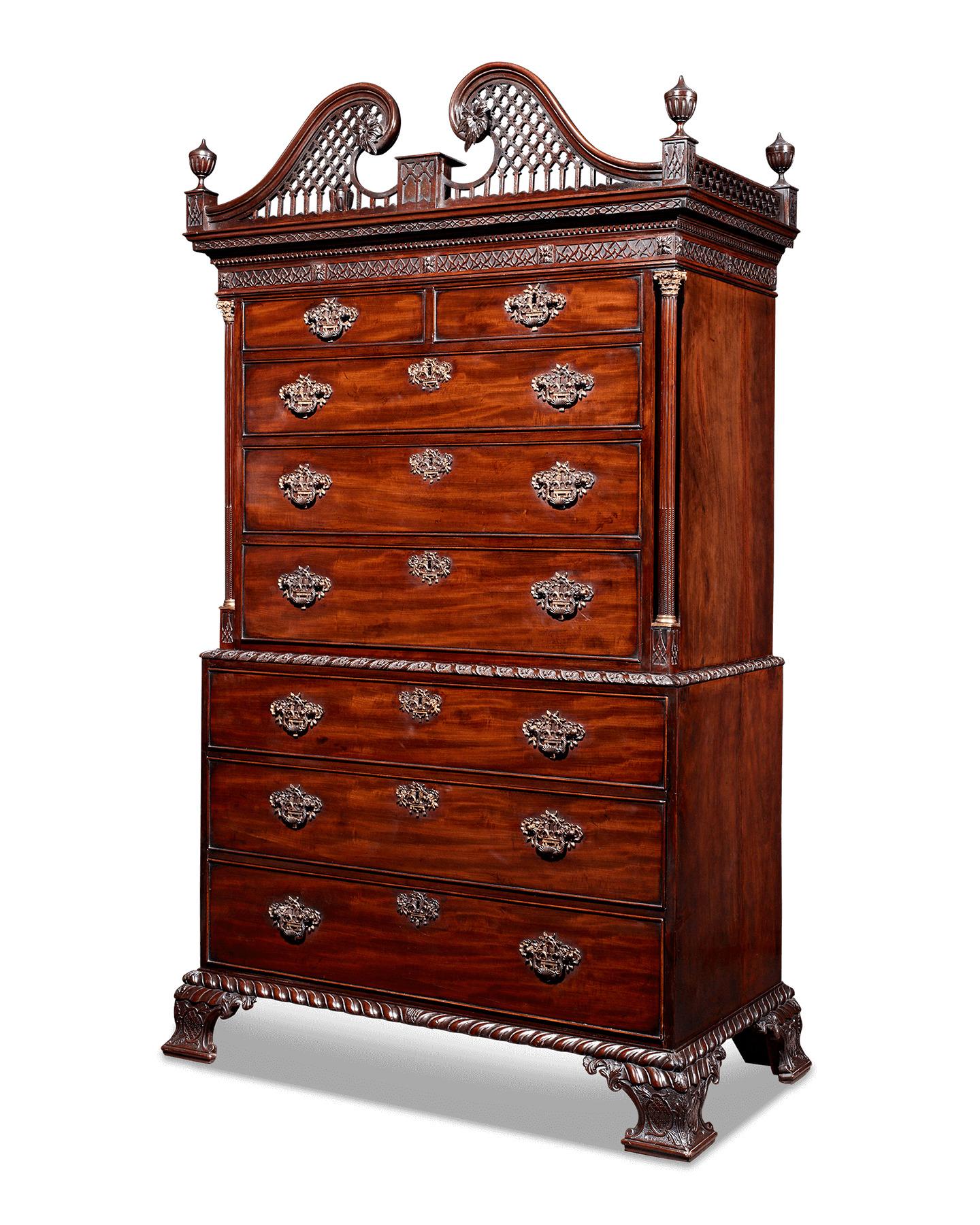 This monumental chest-on-chest attributed to the workshops of Thomas Chippendale displays all of the hallmarks of furnishings crafted by the master’s hand. An undeniable masterpiece, the mahogany cabinet is exemplary of Chippendale's signature