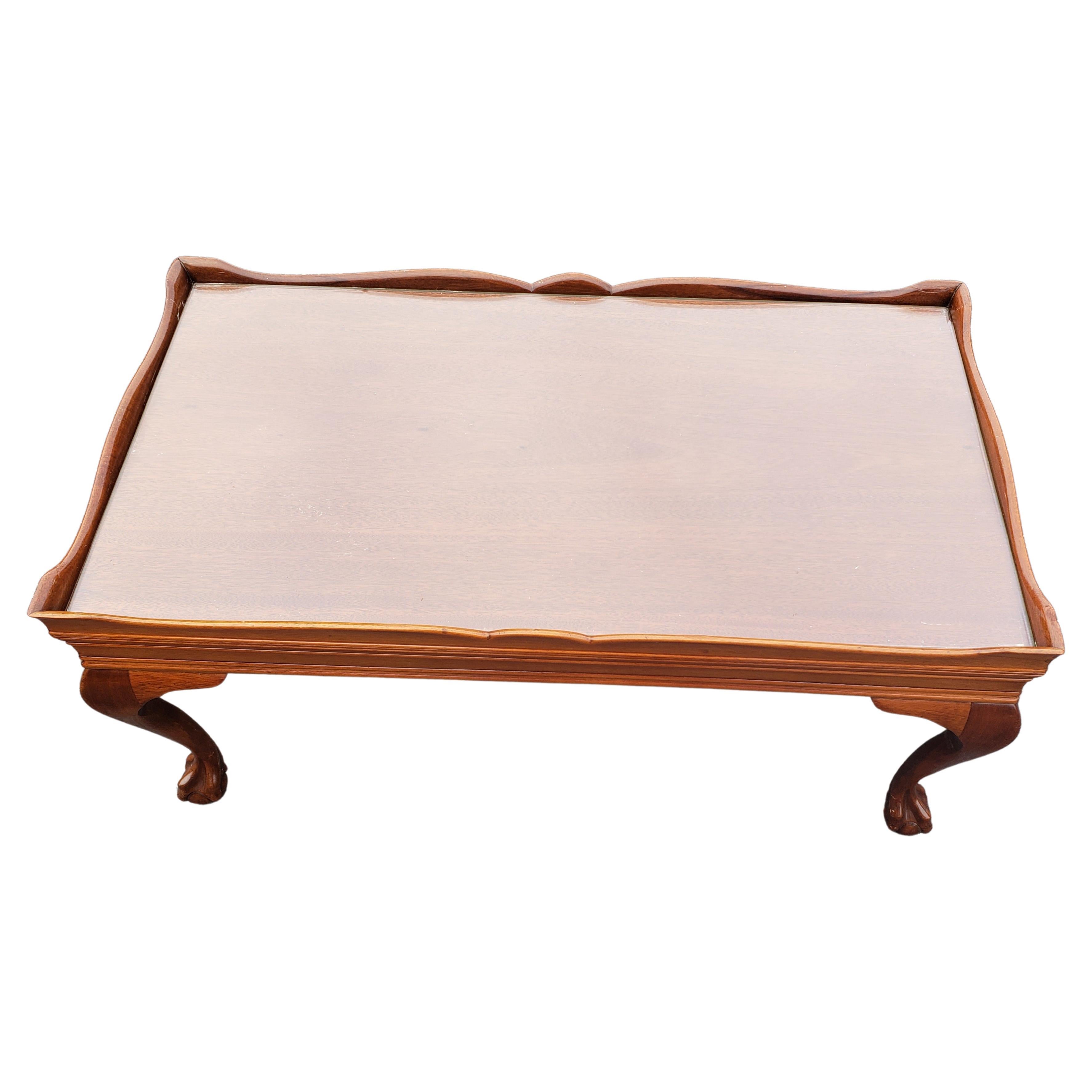 Hand-Crafted Chippendale Mahogany Coffee Cocktail Table with Ball & Claw Feet For Sale