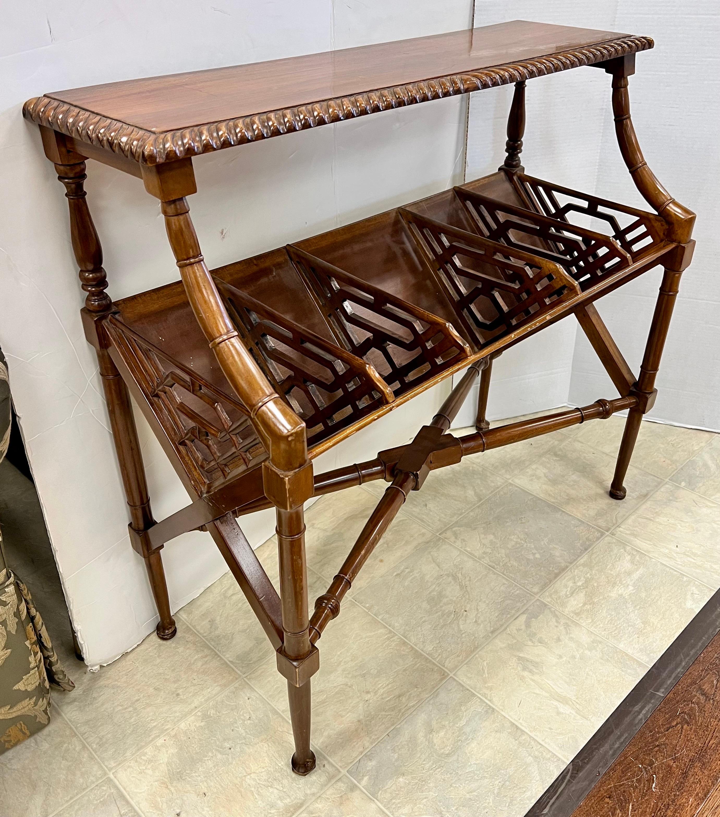 Vintage mahogany book trough or console table with faux bamboo details. Features five divisions separated by fretwork panels over x-base stretchers.