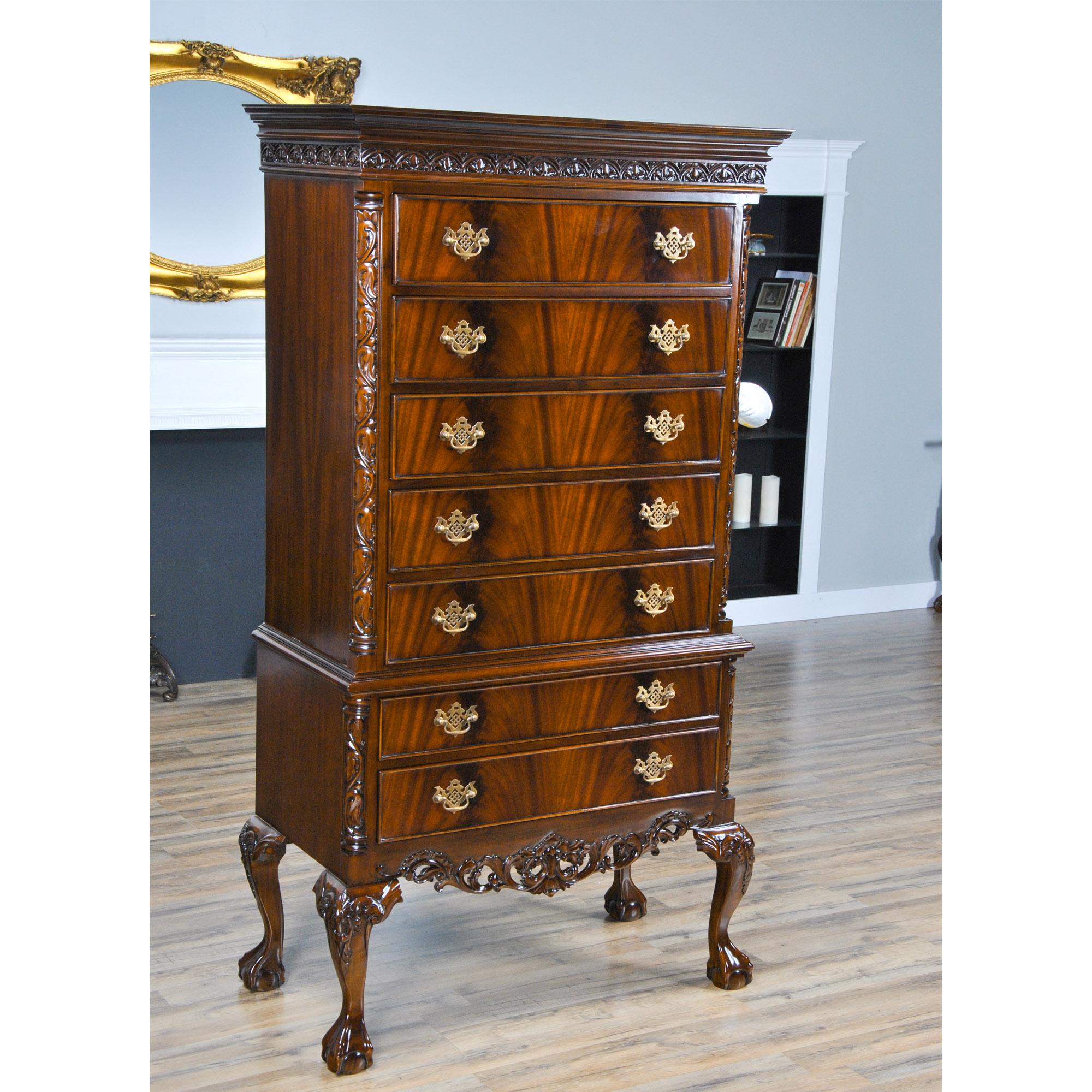 This Chippendale Mahogany High Chest will be the focal point of any room. Originally designed for the bedroom the practical storage space provided by this chest would be welcome anywhere in the home. Two part construction makes for easy handling and