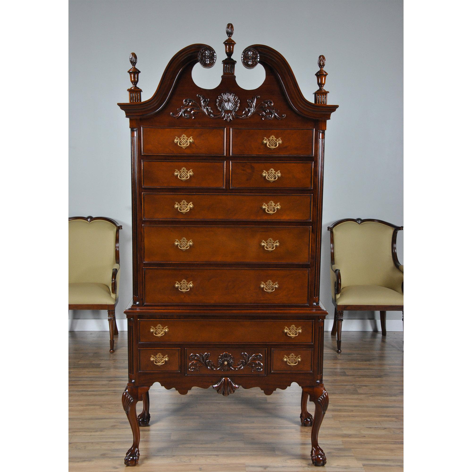 Inspired by some of the greatest cabinet makers of all time this Chippendale Mahogany High Chest resembles those produced in the Philadelphia region in the 18th Century. High quality hand carved details and finely selected mahogany solids and