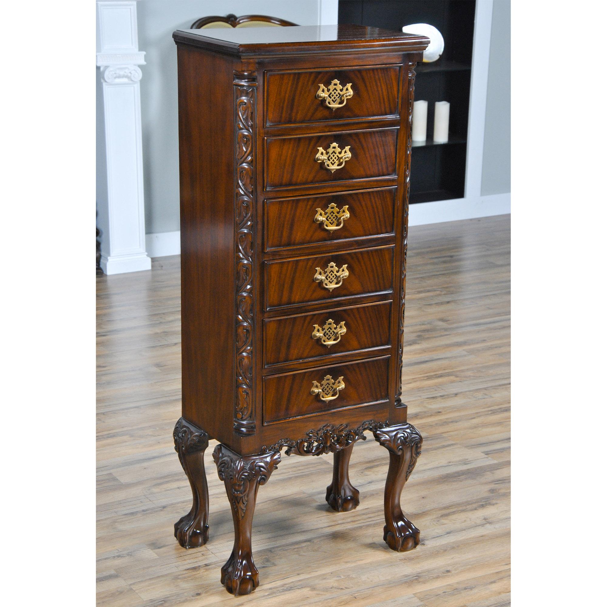 This six drawer chest was originally designed as a lingerie chest but it can be used for storing a lot of just about anything! Hard to find vertical storage, all on beautifully shaped, hand carved, plantation grown solid mahogany cabriole