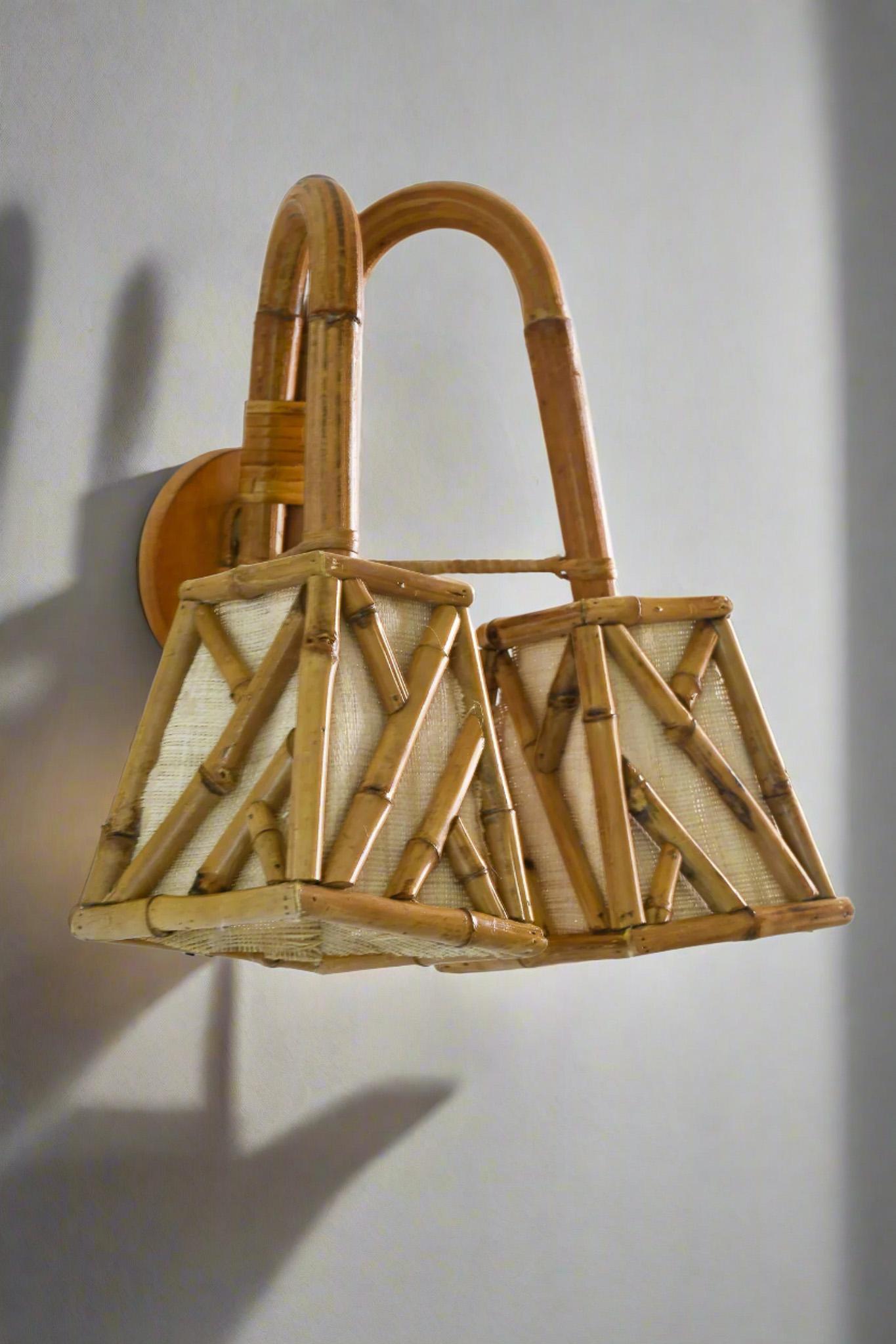 Hand-Crafted Chippendale Pattern Bamboo Shade Bent Rattan Double Wall Sconce For Sale