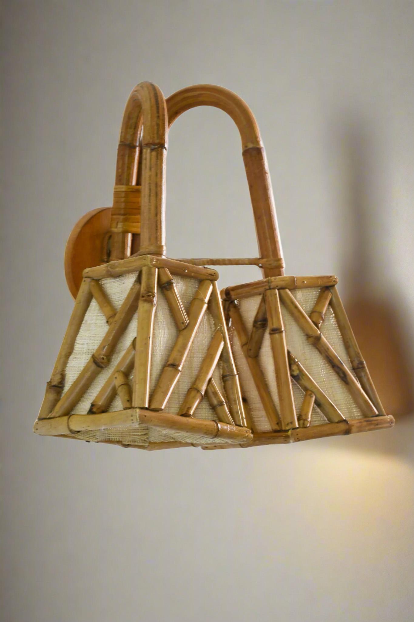 Contemporary Chippendale Pattern Bamboo Shade Bent Rattan Double Wall Sconce For Sale
