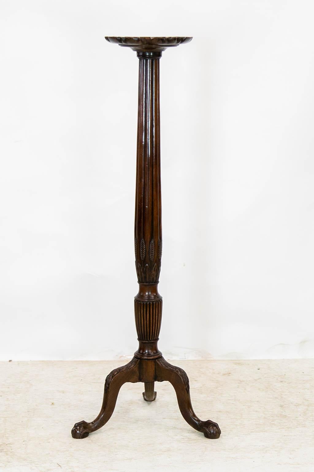 This mahogany English plant stand has a shaped piecrust molded edging. The main stem is carved with heavy reeding. The lower stem is carved with smaller reeding. The legs are carved with acanthus leaves on the knees and terminate in ball and claw