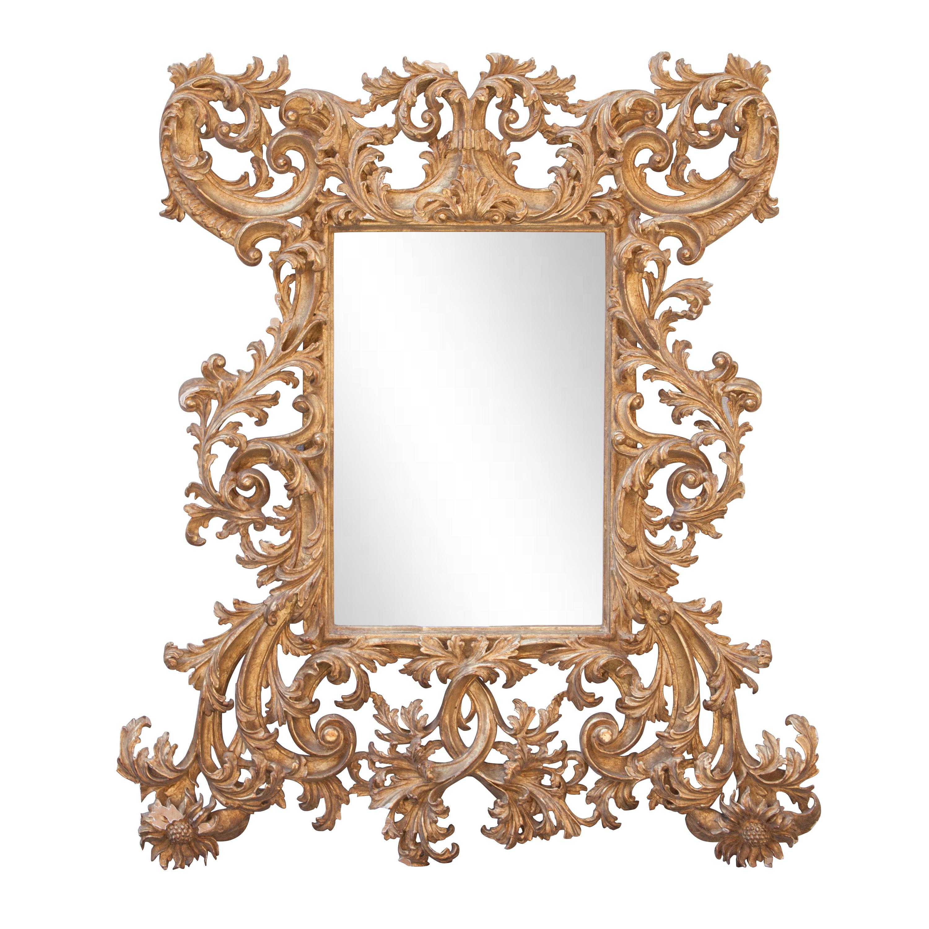 Miroir en bois sculpté de style Chippendale, fabriqué à la main et recouvert d'une feuille d'or.
