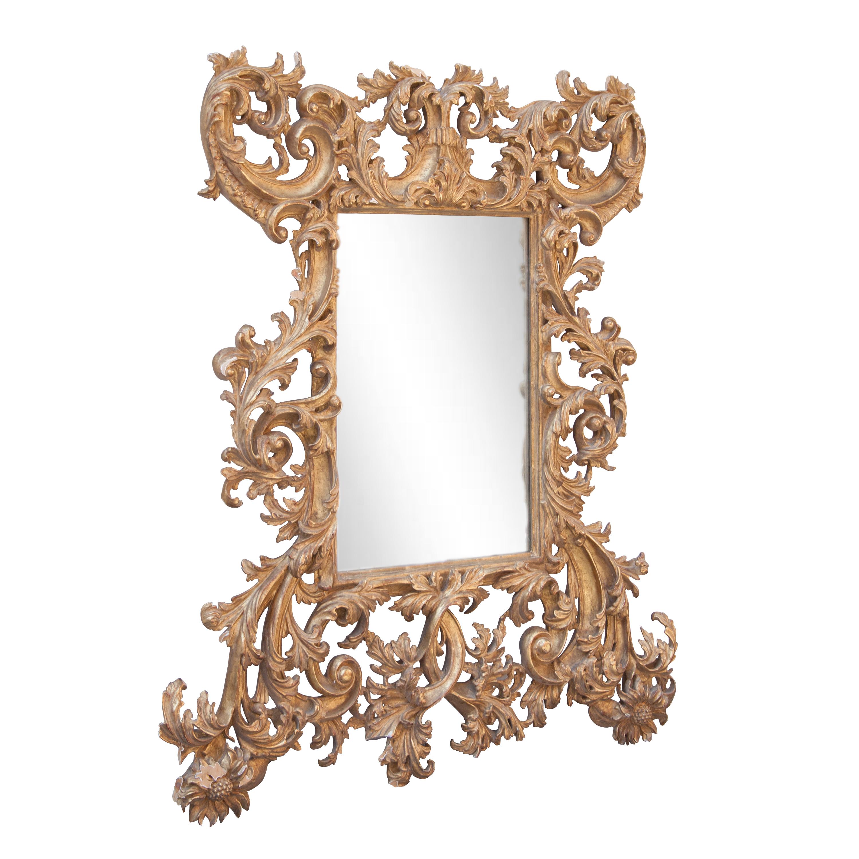 Spanish Chippendale Rectangular Handcrafted Gold Foil Wood Mirror Spain, 1970 For Sale