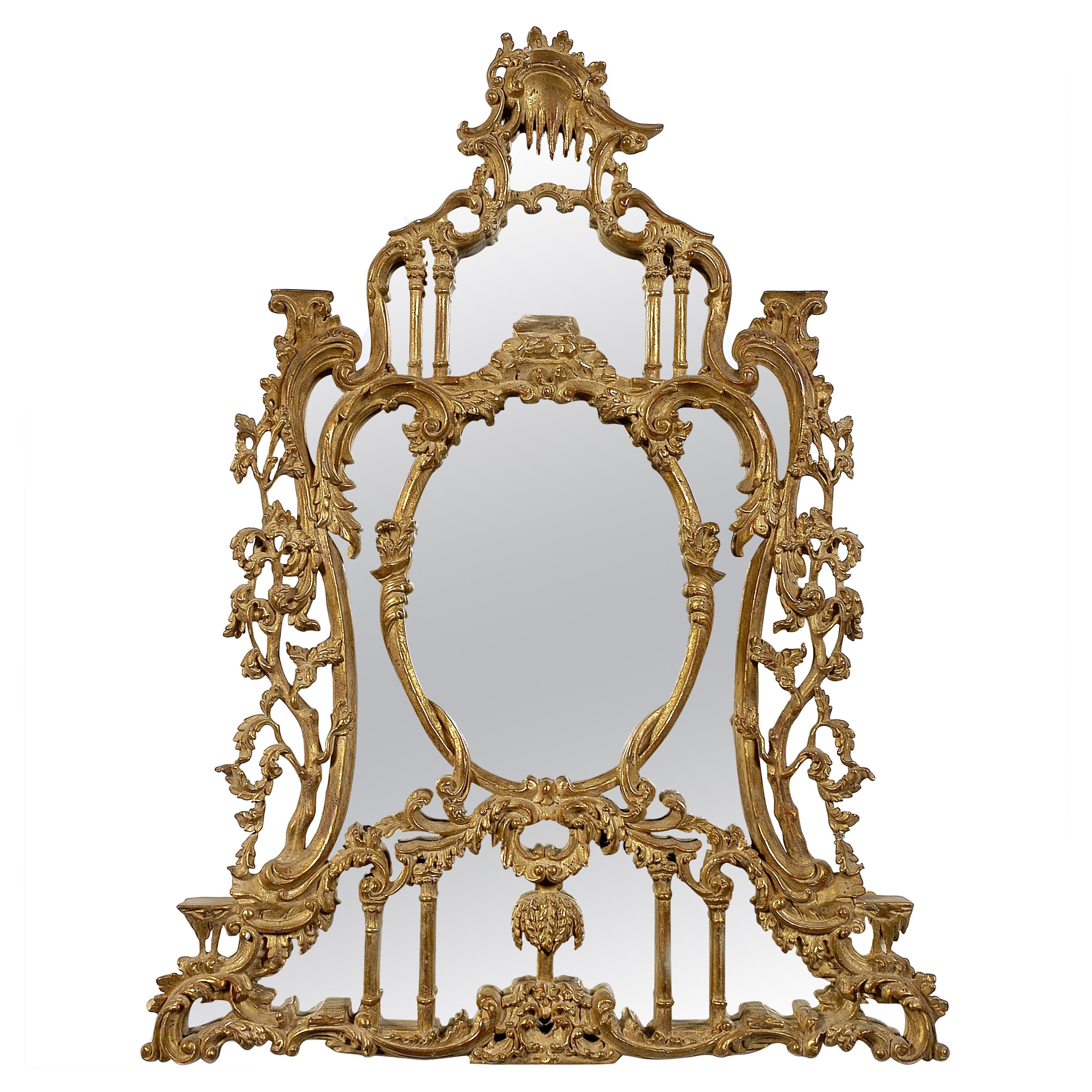 Chippendale Rectangular Handcrafted Gold Foil Wood Mirror Spain, 1970