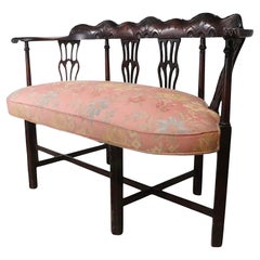 Chippendale Revival Loveseat of Carved Mahogany and  Damask Upholstery c 1920/40