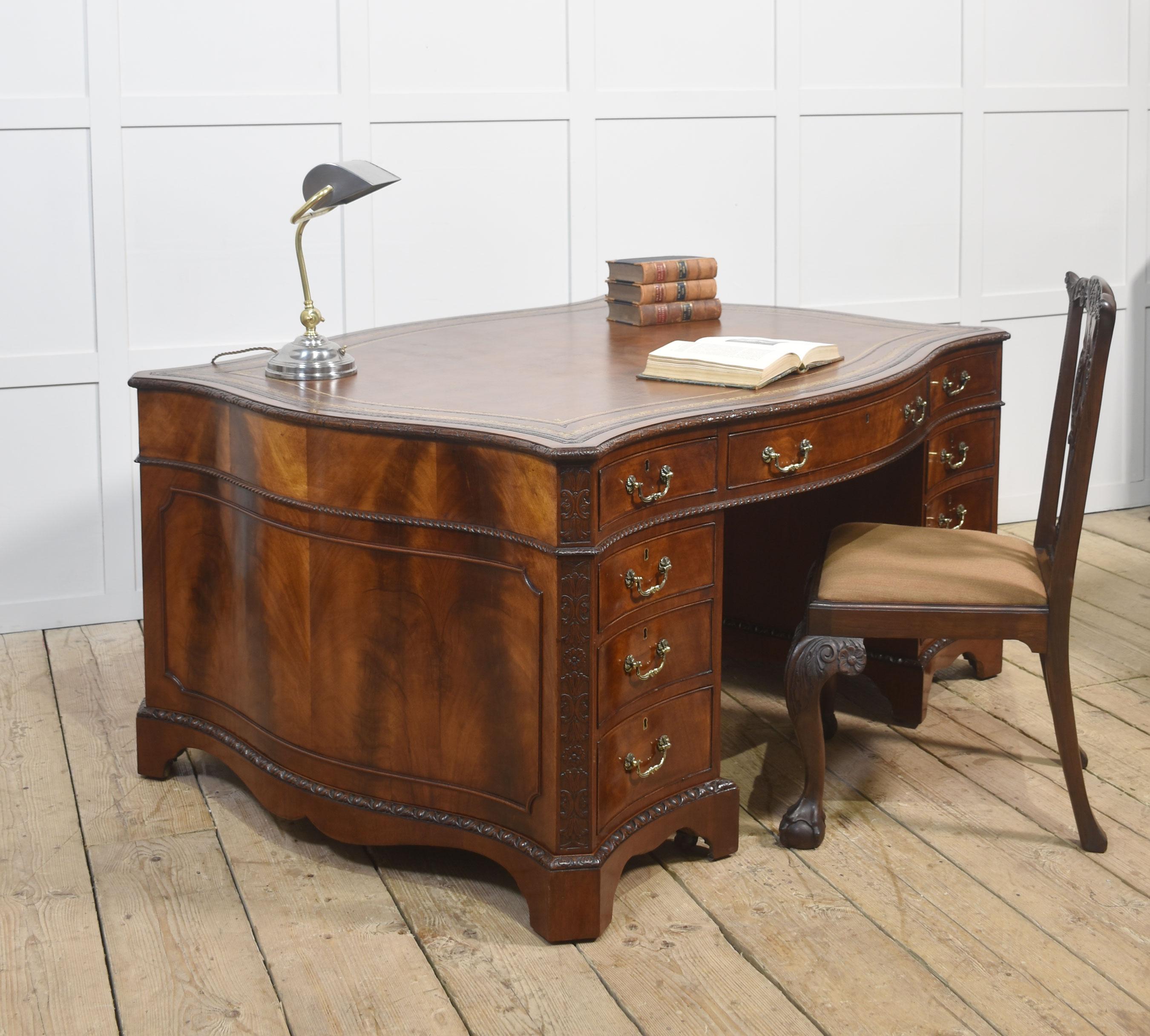 British Chippendale Revival Mahogany Serpentine Partner’s Desk For Sale