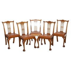 5 CHAISES À MANGER DE STYLE CHIPPENDALE AVEC DES SIÈGES EN CUIR PERFECTES POUR LA TABLE DE ROUVERTURE