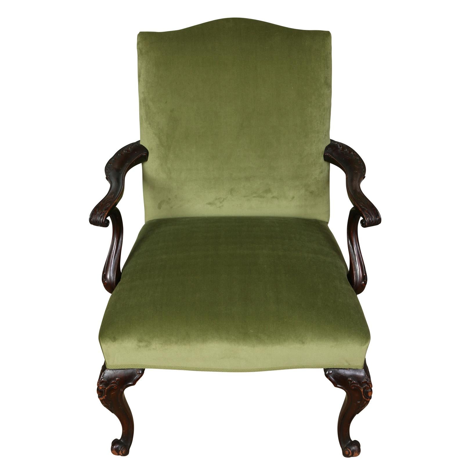 Chippendale Style Arm Chair with Newly Upholstered Green Velvet In Good Condition For Sale In Locust Valley, NY