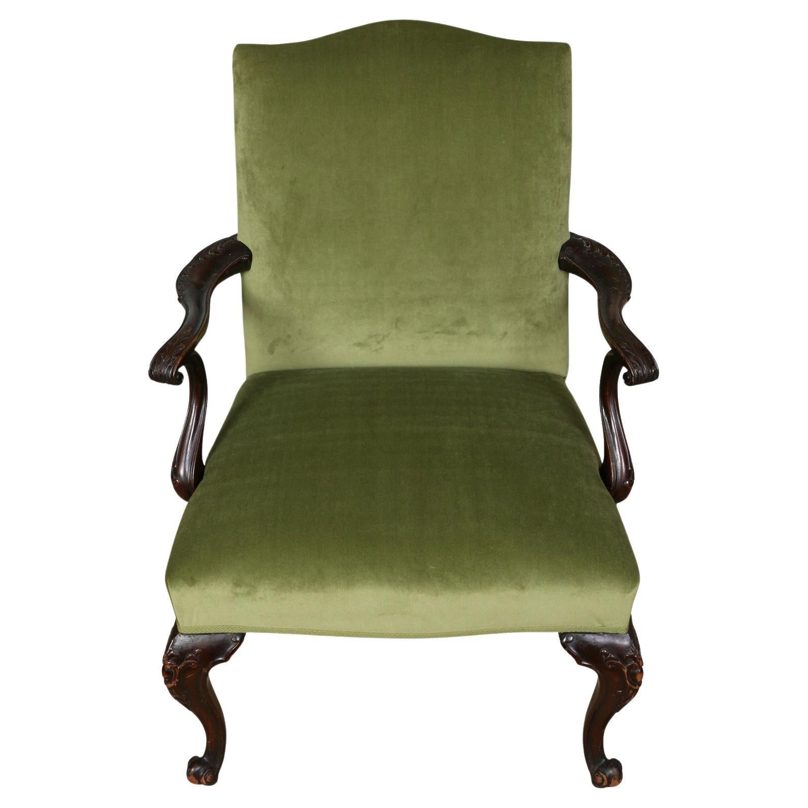 Chippendale Style Arm Chair with Newly Upholstered Green Velvet For Sale