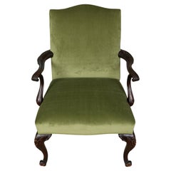 Chippendale Style Arm Chair with Newly Upholstered Green Velvet