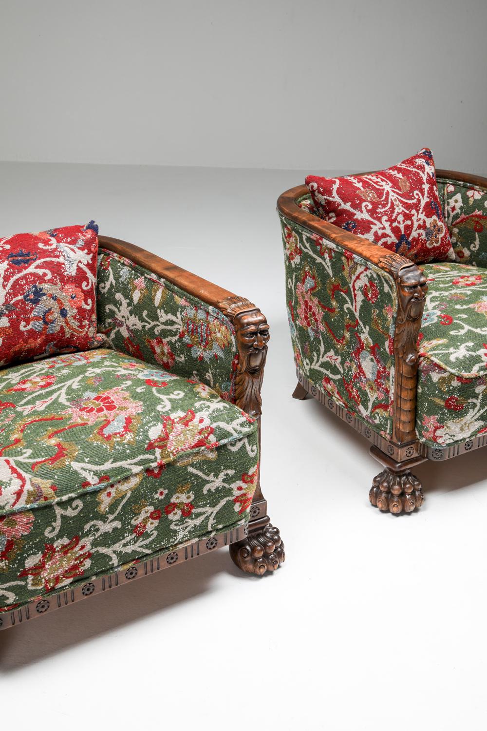Chippendale Style Armchairs with Claw Feet and Pierre Frey Jacquard For Sale 7