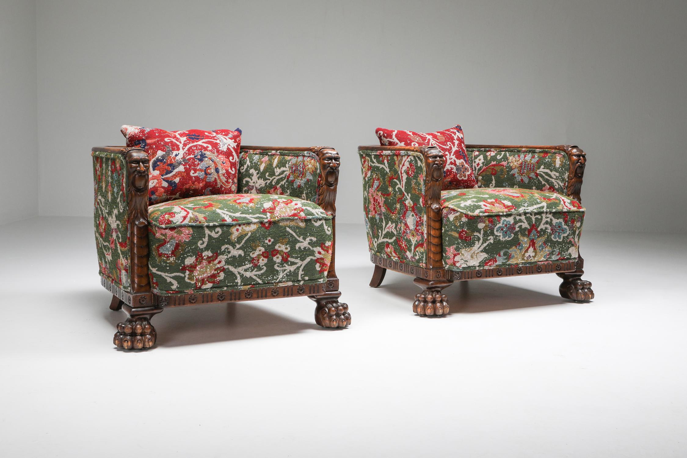 Chippendale Style Armchairs with Claw Feet and Pierre Frey Jacquard In Good Condition For Sale In Antwerp, BE