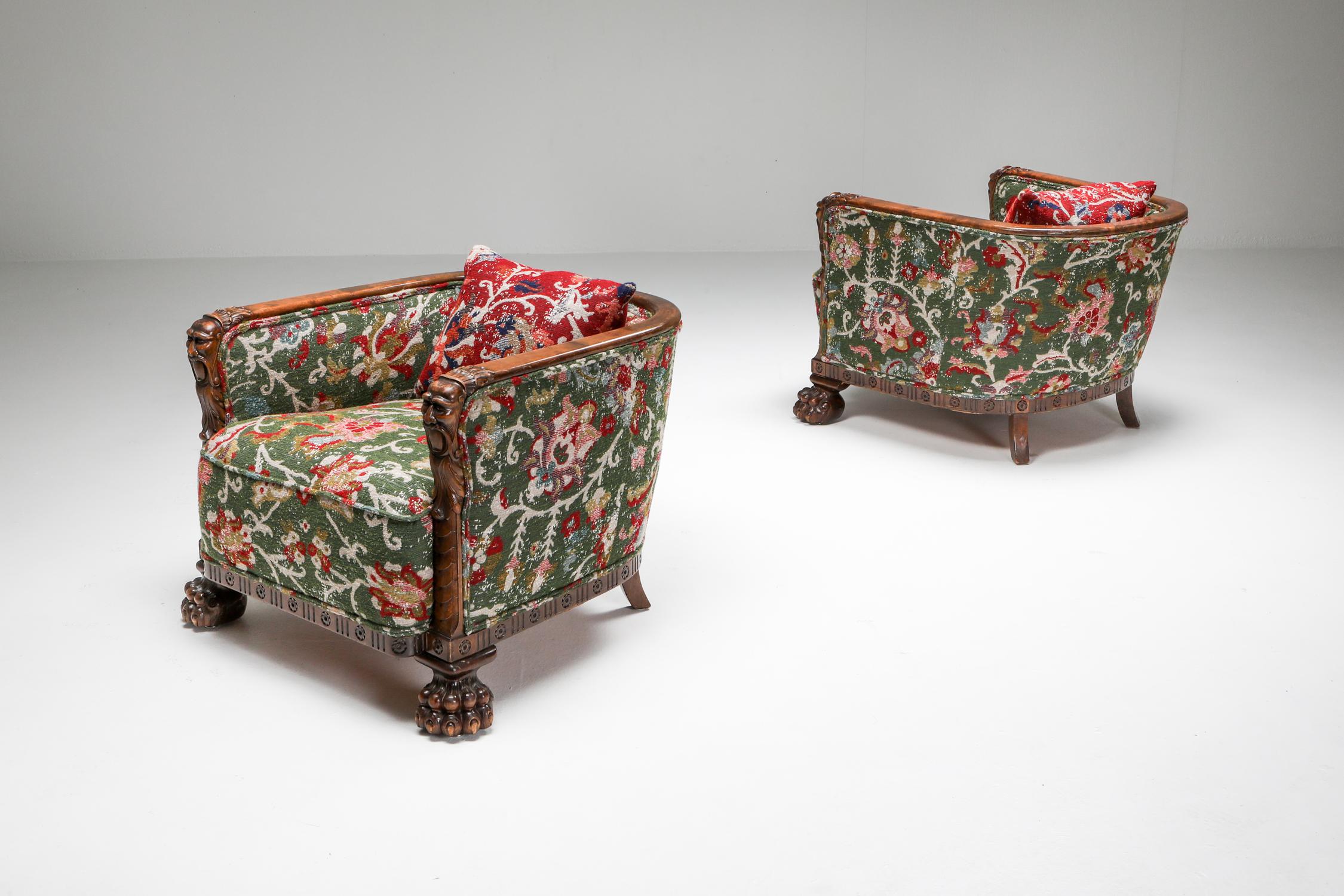 Early 20th Century Chippendale Style Armchairs with Claw Feet and Pierre Frey Jacquard For Sale