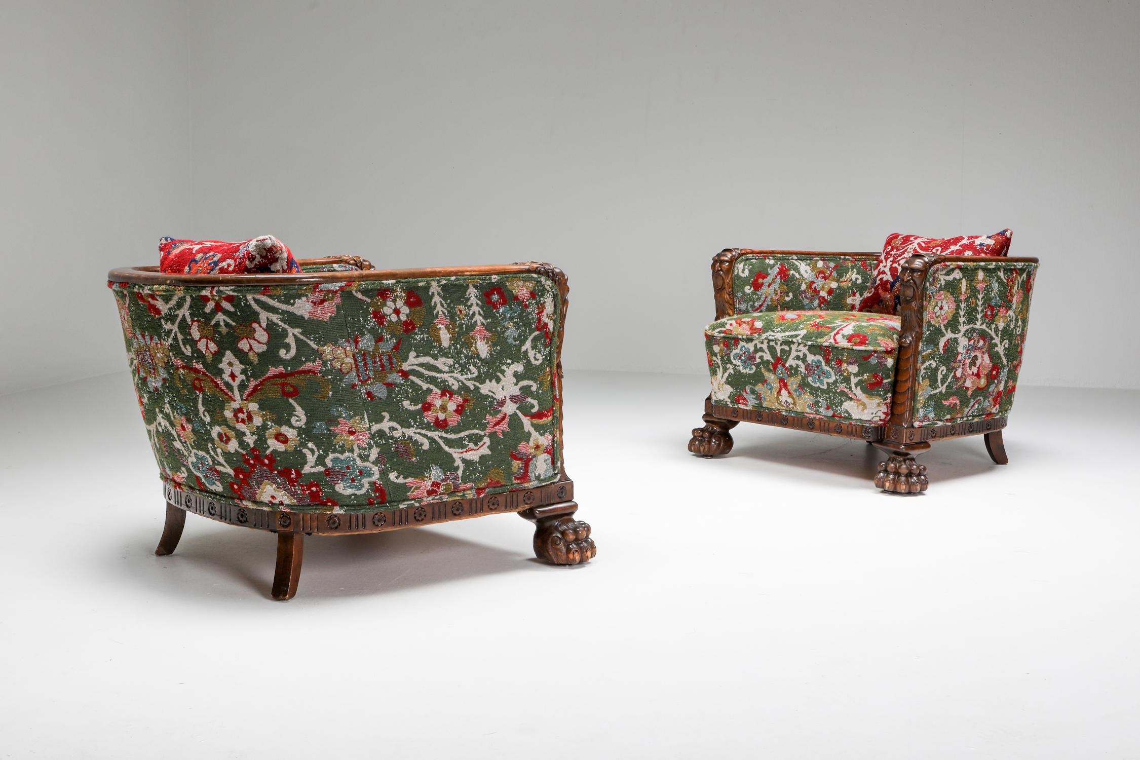 Sessel im Chippendale-Stil mit Klauenfüßen und Pierre Frey Jacquard (Stoff) im Angebot